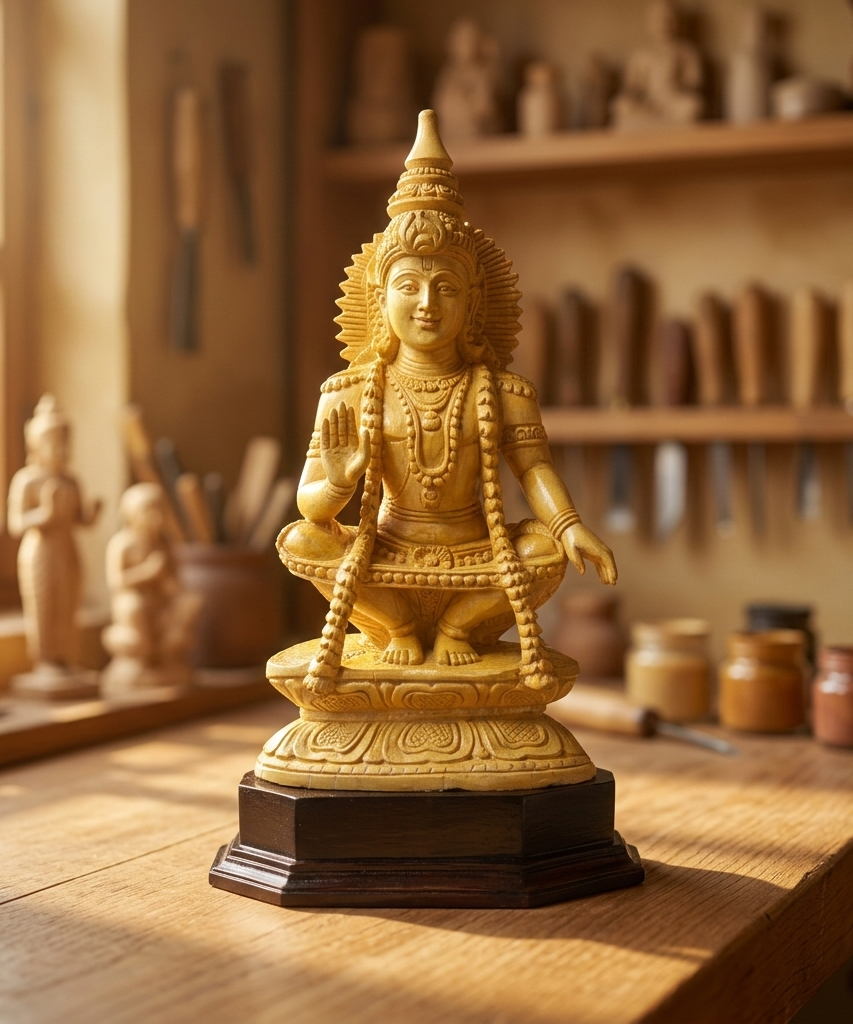 Handmade Sitting Lord Ayyappa Wooden Sculpture | Gallory Hive