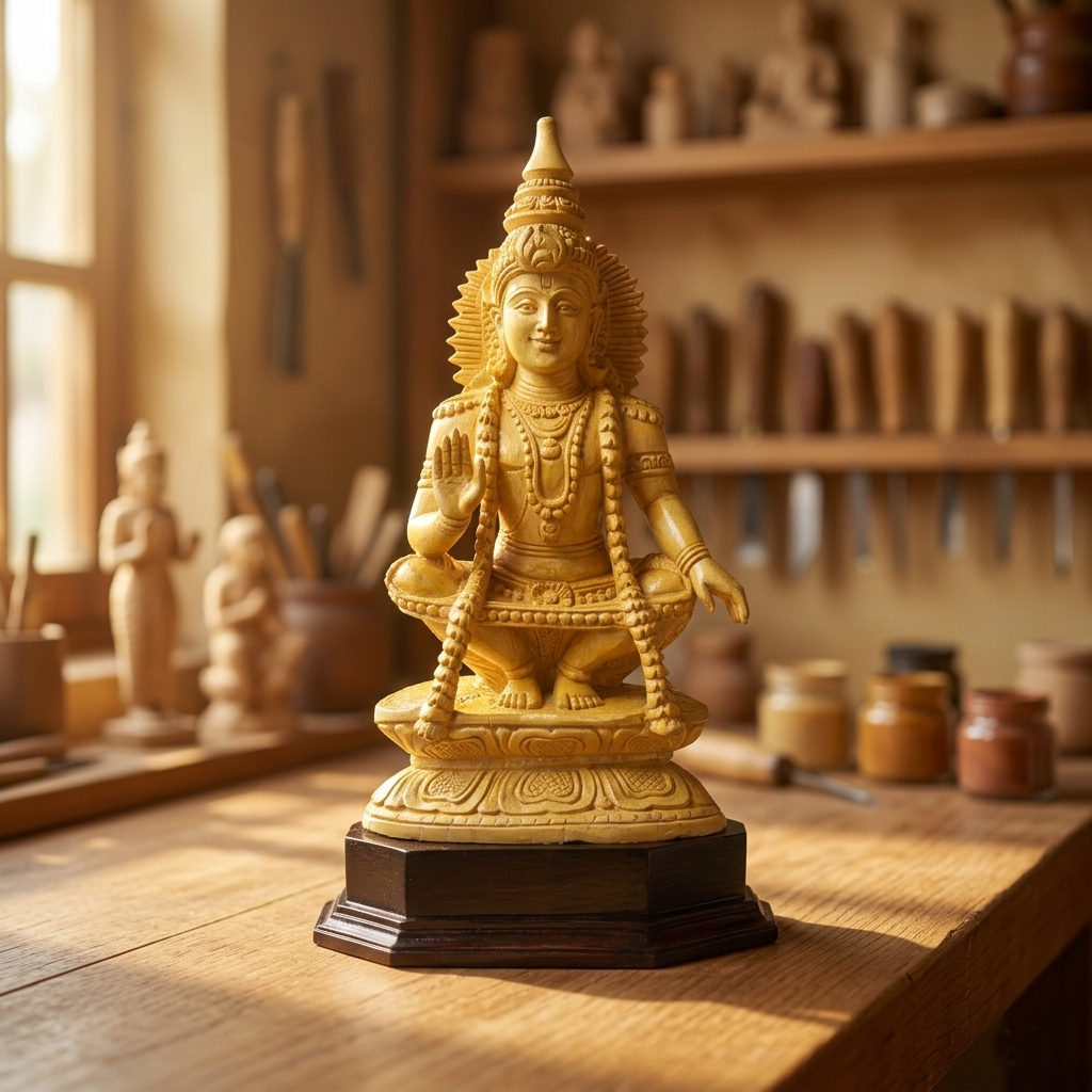 Handmade Sitting Lord Ayyappa Wooden Sculpture | Gallory Hive