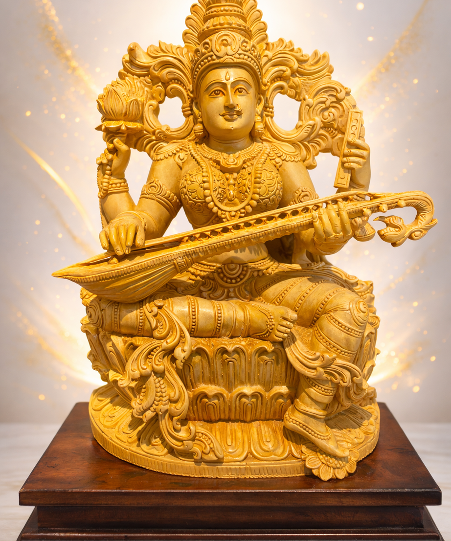 Handmade Sitting Saraswati Wooden Sculpture | Gallory Hive