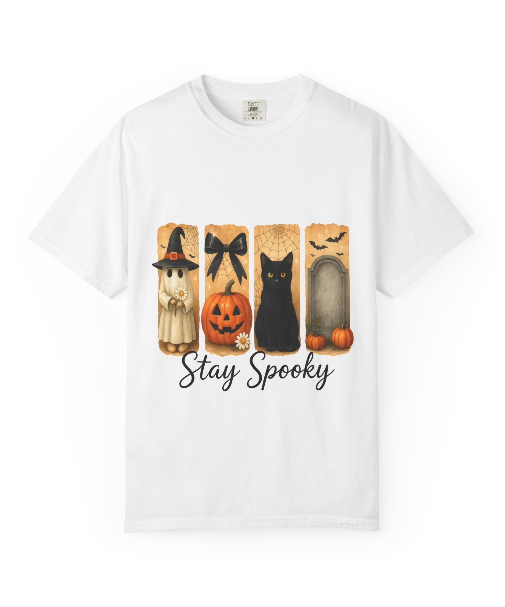 Cute Halloween T-Shirt – Ghost in Witch Hat, Pumpkin, Black Cat & Tombstone Design - Gallory Hive