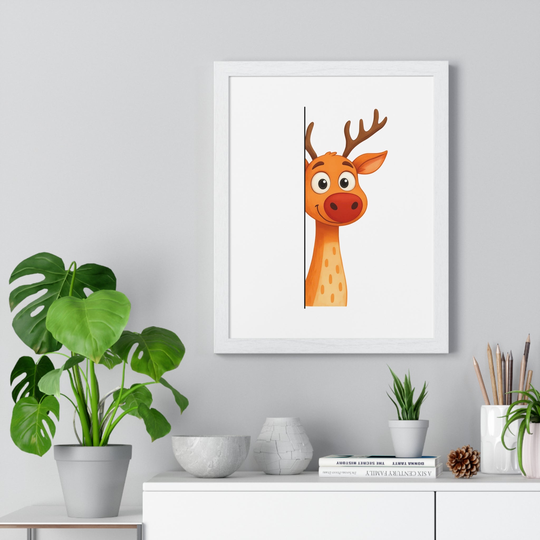 Wooden Frame Wall Decor – Cute Cartoon Reindeer Print