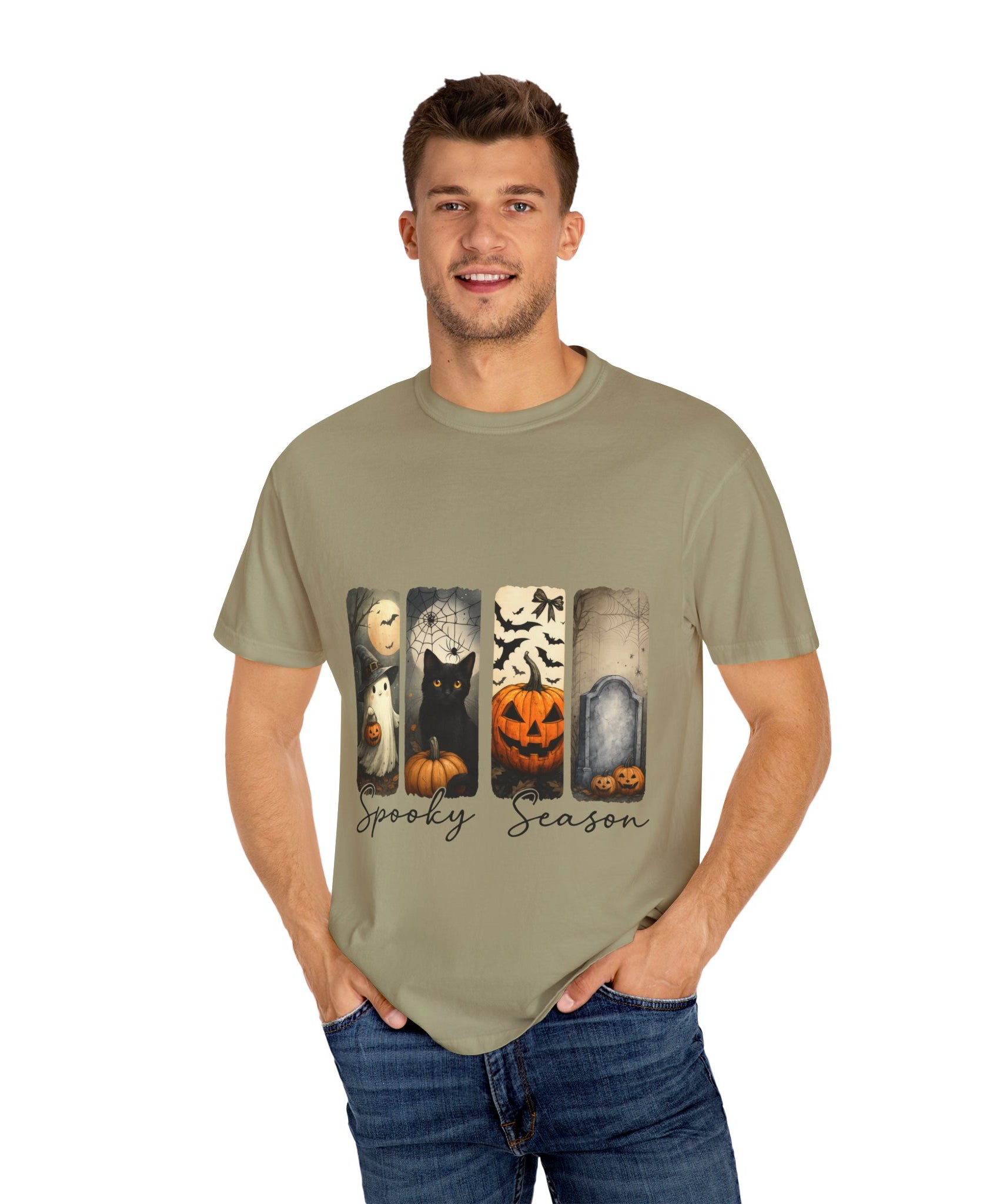 Halloween Night Unisex T-Shirt – Ghost, Black Cat, Pumpkin & Tombstone Vintage Art - Gallory Hive
