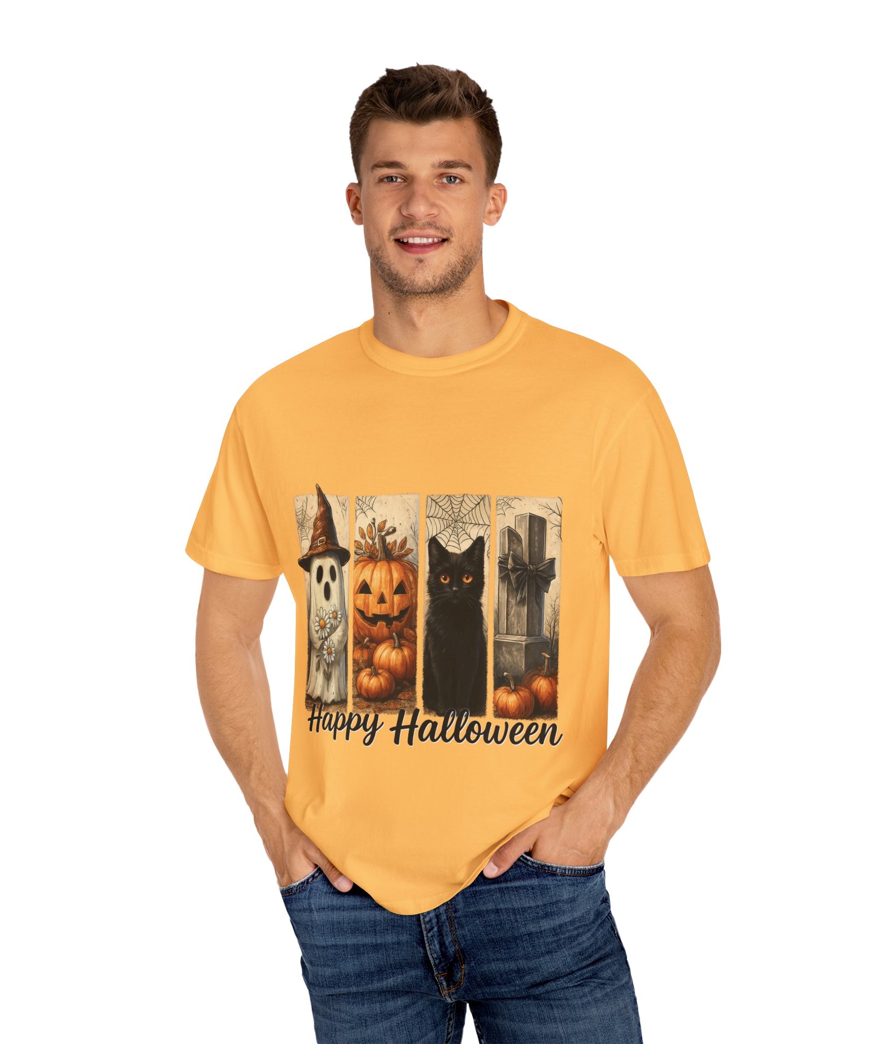 Happy Halloween Unisex T-Shirt – Ghost, Black Cat & Pumpkin Graphic Tee - Gallory Hive