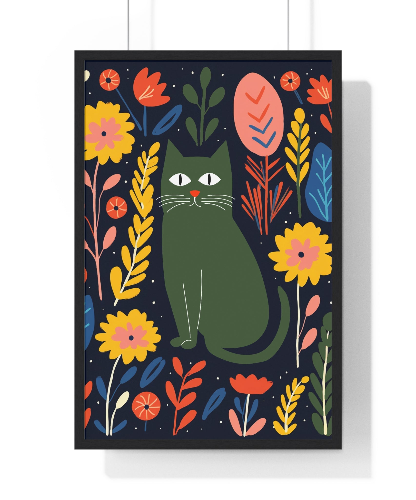 Green Cat & Floral Art – Premium Wooden Framed Poster with Bold Botanical Design