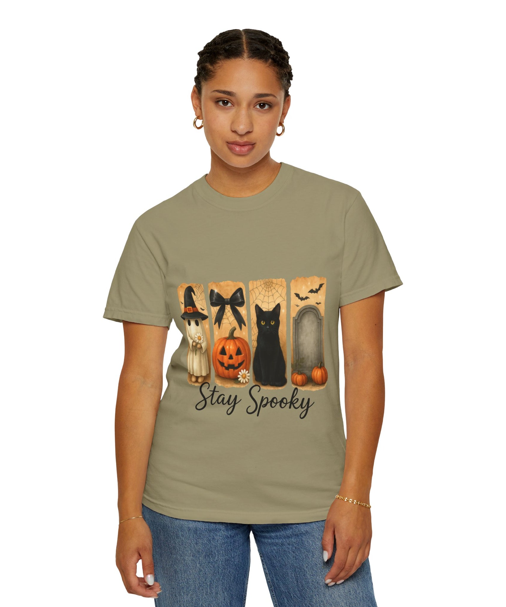 Cute Halloween T-Shirt – Ghost in Witch Hat, Pumpkin, Black Cat & Tombstone Design - Gallory Hive