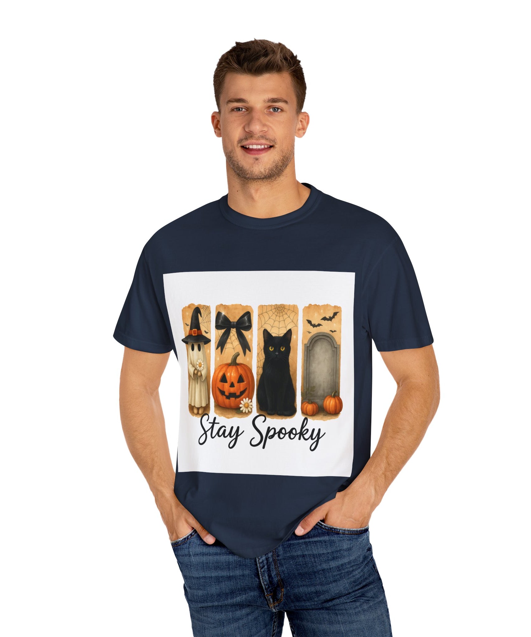Cute Halloween T-Shirt – Ghost in Witch Hat, Pumpkin, Black Cat & Tombstone Design - Gallory Hive