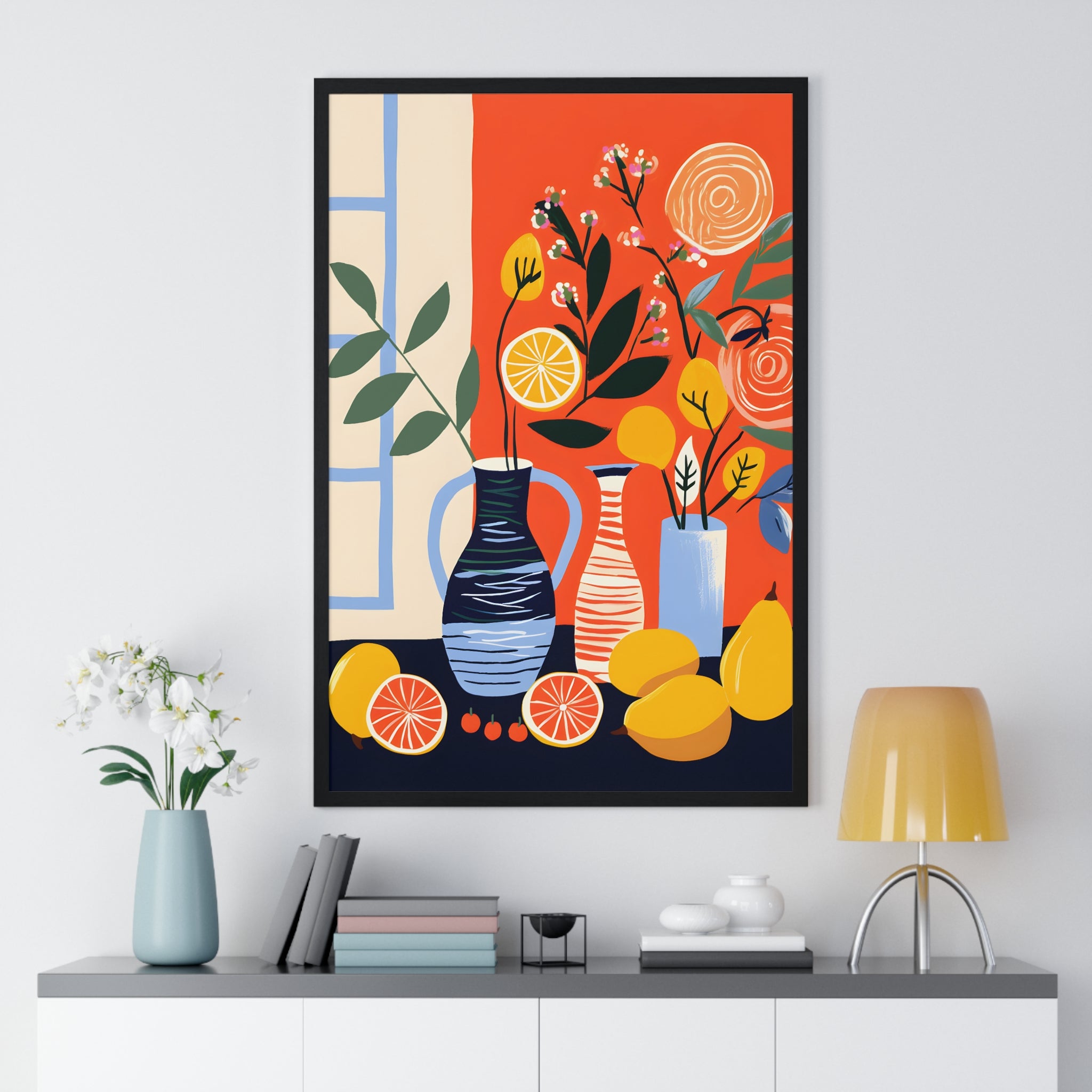 Modern Still Life Art – Premium Wooden Framed Poster with Fruits, Vases & Florals