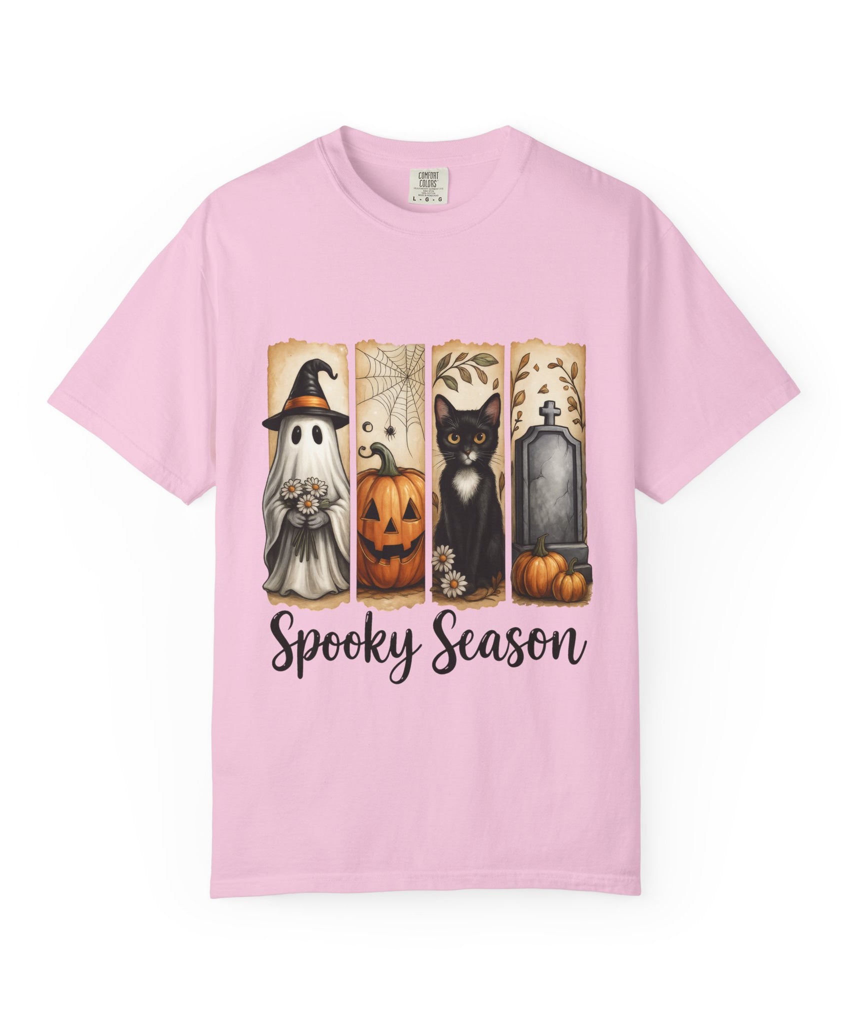 Spooky Season Halloween Unisex T-Shirt – Ghost, Cat & Pumpkin Design - Gallory Hive