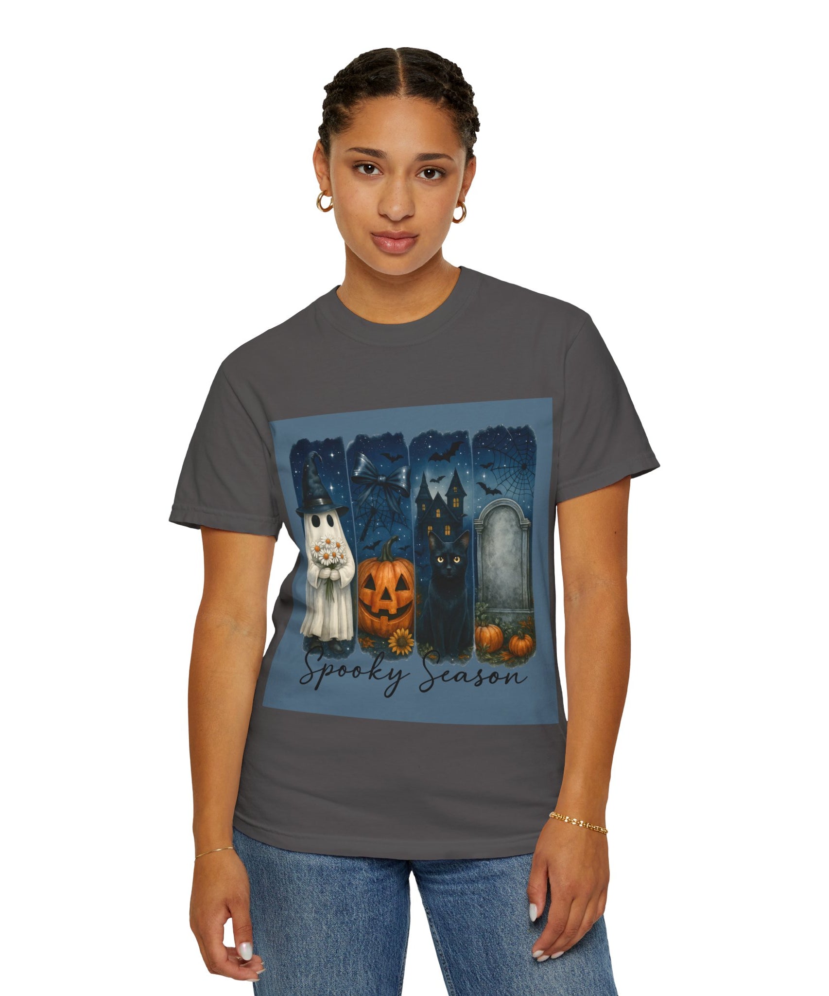 Spooky Season Halloween T-Shirt – Ghost, Black Cat, Pumpkin & Haunted House Design - Gallory Hive