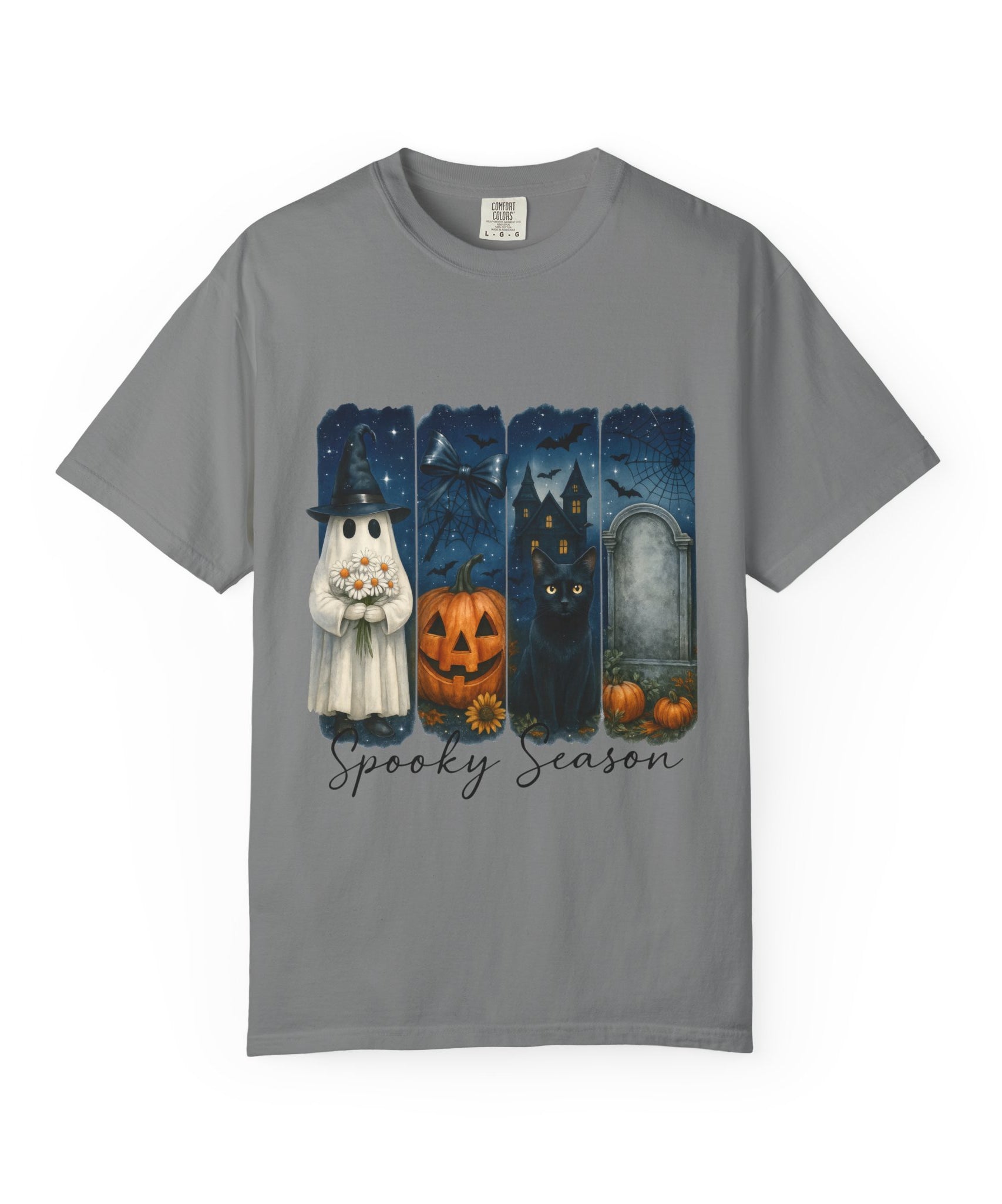 Spooky Season Halloween T-Shirt – Ghost, Black Cat, Pumpkin & Haunted House Design - Gallory Hive