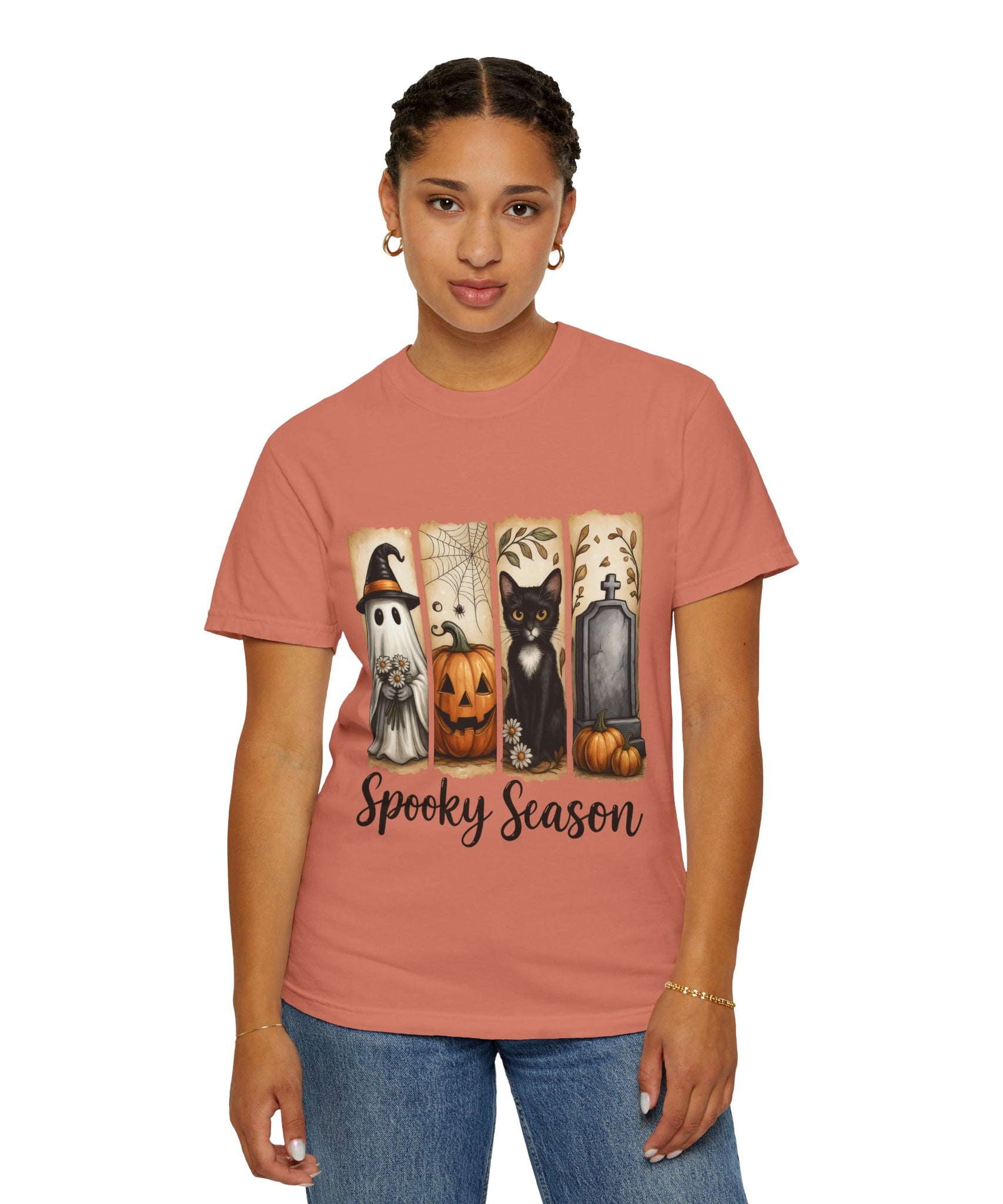 Spooky Season Halloween Unisex T-Shirt – Ghost, Cat & Pumpkin Design - Gallory Hive