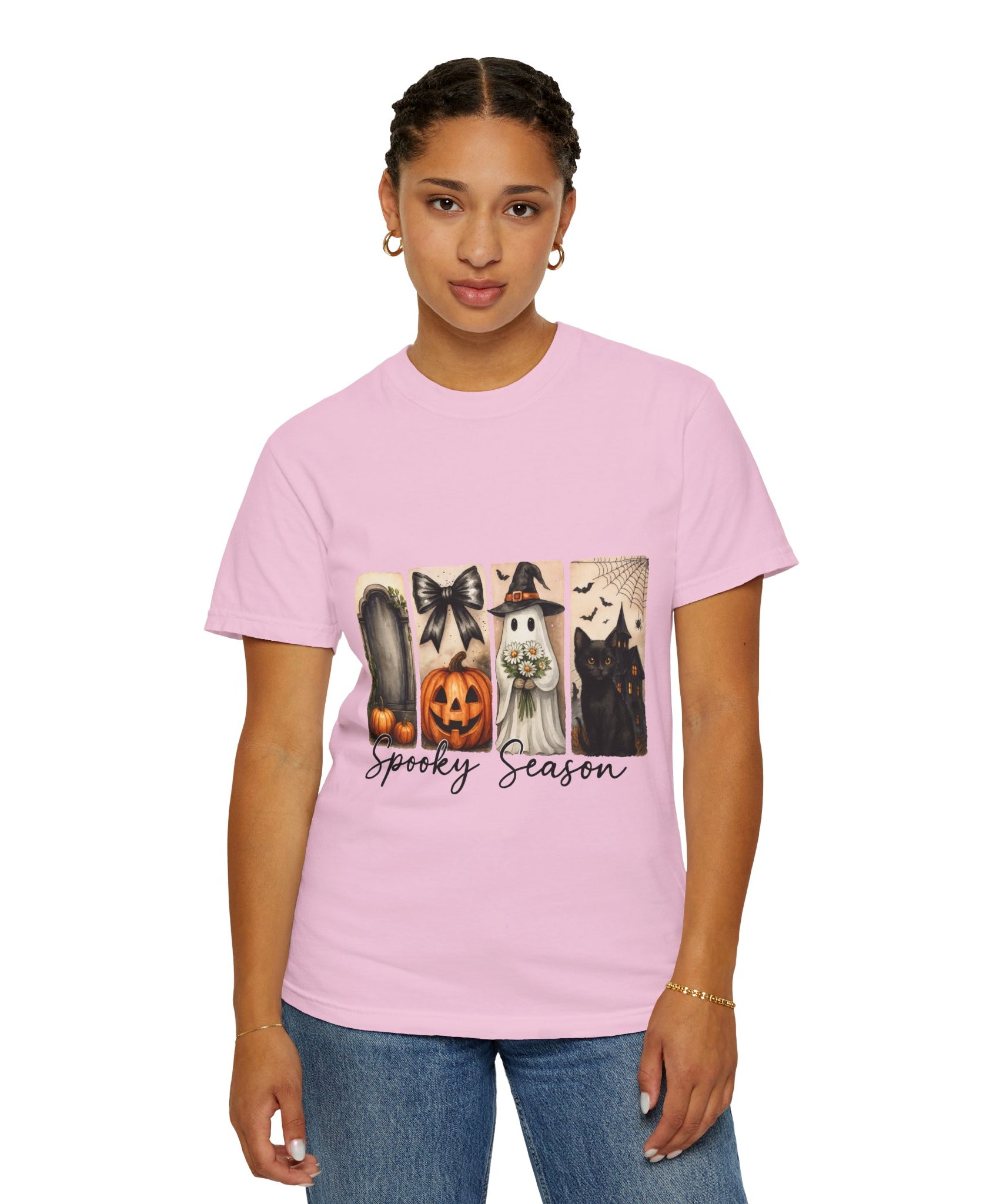 Spooky Season Unisex Halloween T-Shirt – Ghost, Black Cat, Pumpkin & Haunted House Art - Gallory Hive
