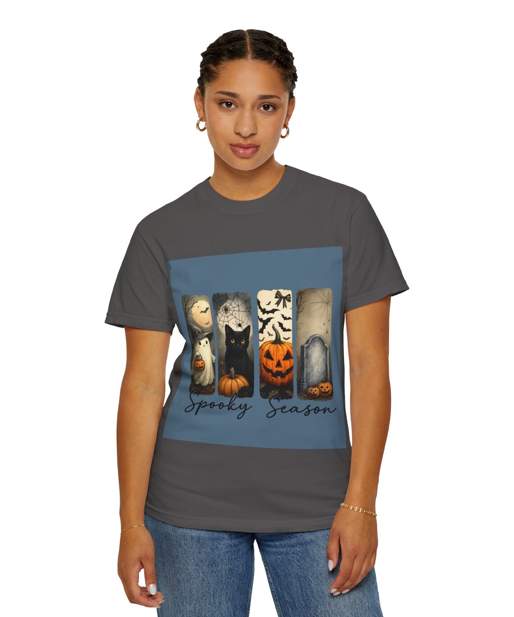 Halloween Night Unisex T-Shirt – Ghost, Black Cat, Pumpkin & Tombstone Vintage Art - Gallory Hive