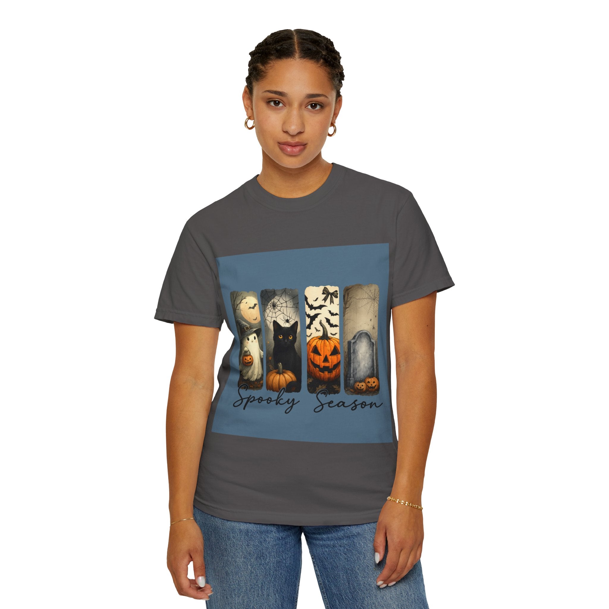 Halloween Night Unisex T-Shirt – Ghost, Black Cat, Pumpkin & Tombstone Vintage Art - Gallory Hive