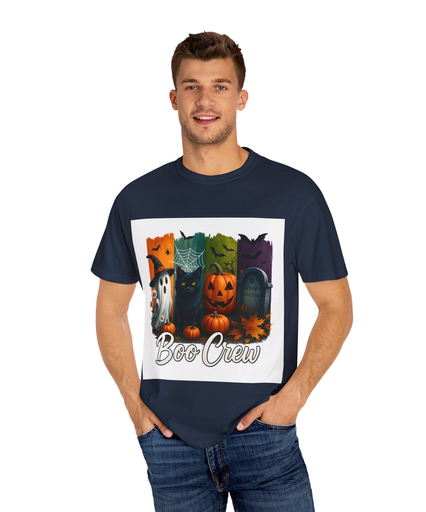 Boo Crew Halloween Unisex T-Shirt – Cute Ghost, Black Cat, Pumpkin & Tombstone Design - Gallory Hive