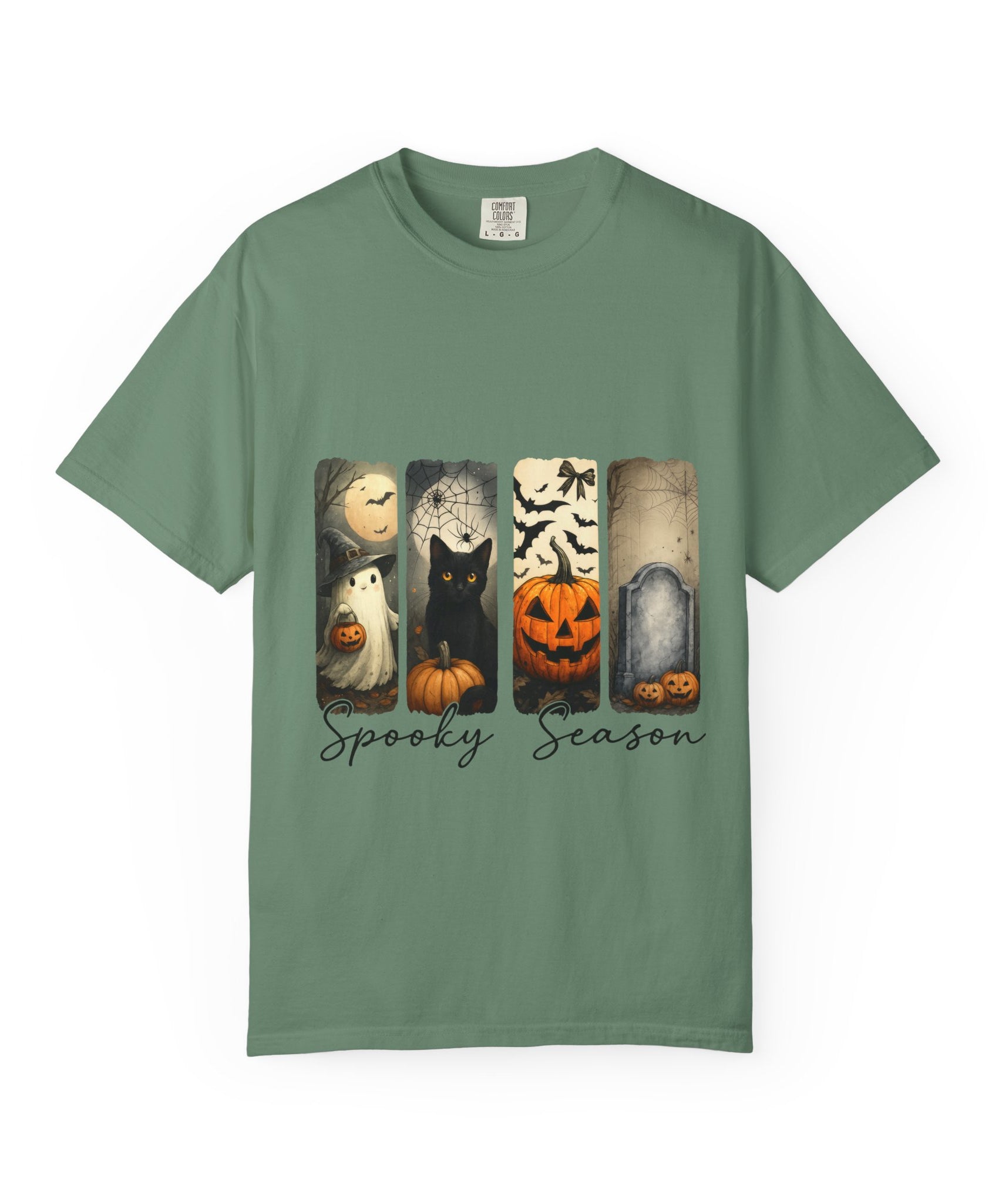 Halloween Night Unisex T-Shirt – Ghost, Black Cat, Pumpkin & Tombstone Vintage Art - Gallory Hive