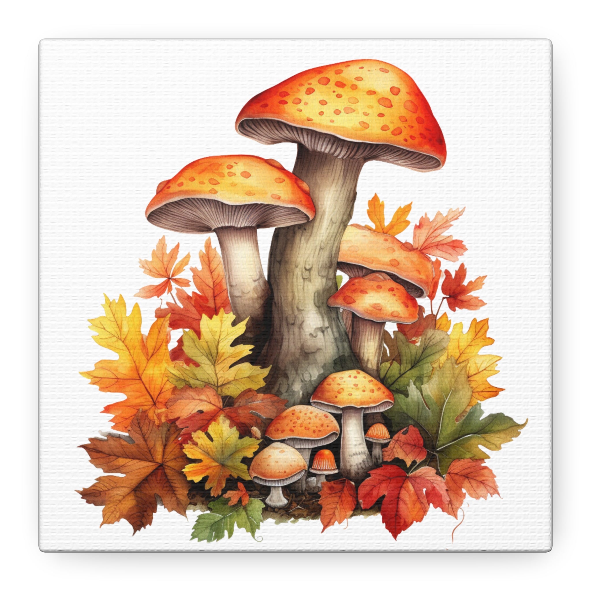 Golden Grove – Autumn Mushrooms & Leaves Illustration on Floral Canvas Wall Art