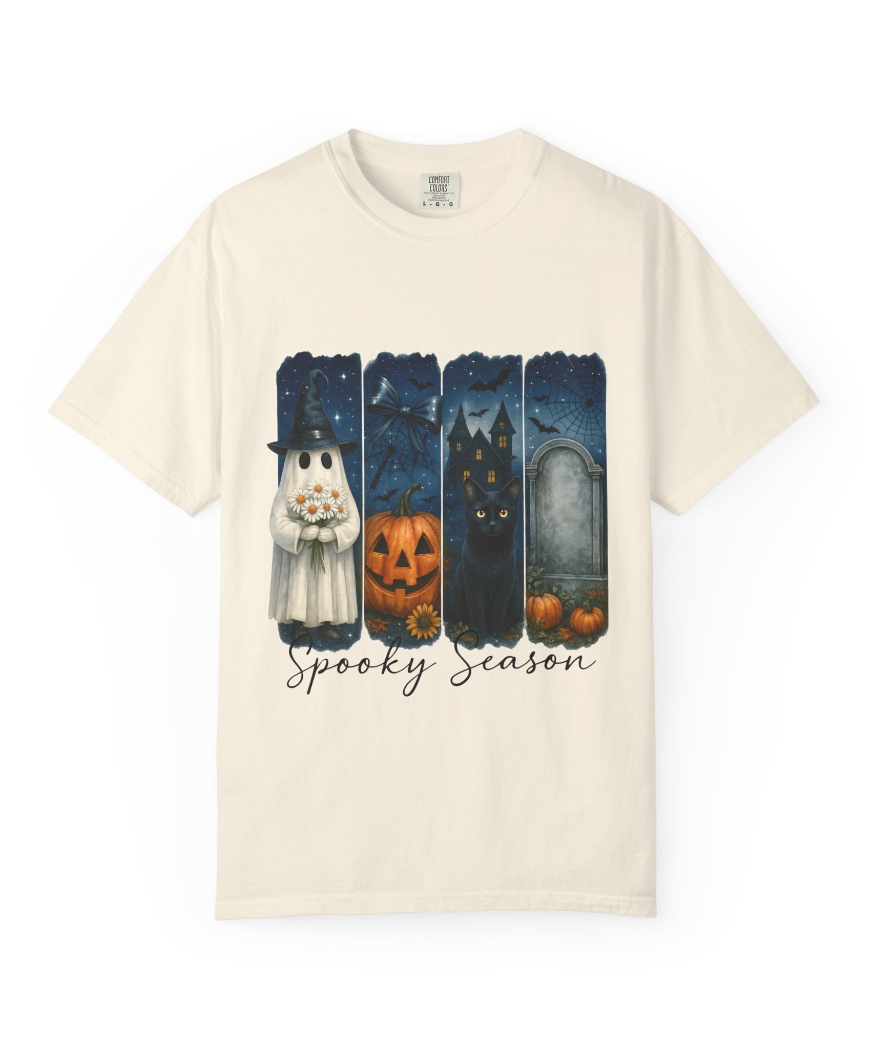 Spooky Season Halloween T-Shirt – Ghost, Black Cat, Pumpkin & Haunted House Design - Gallory Hive