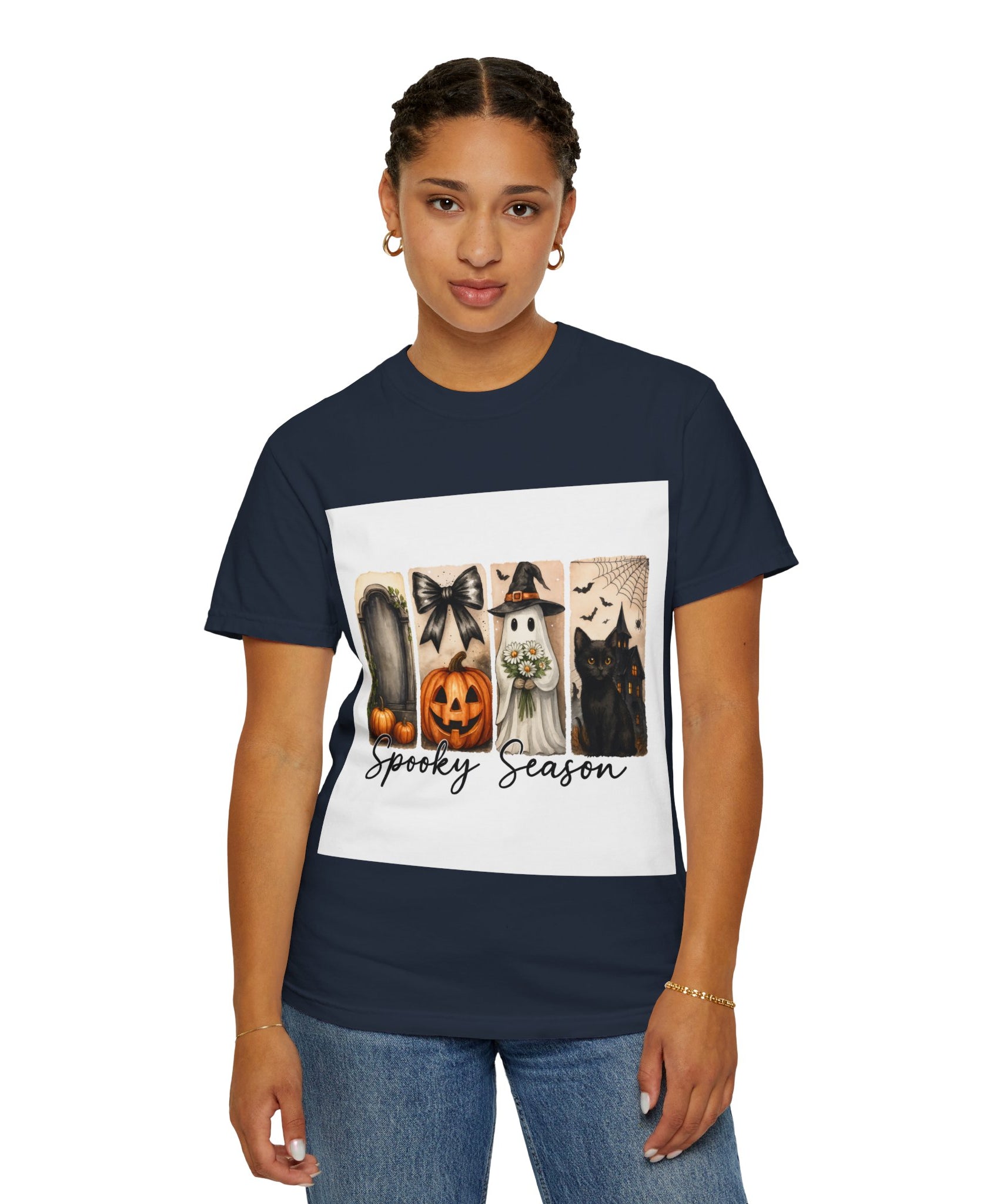 Spooky Season Unisex Halloween T-Shirt – Ghost, Black Cat, Pumpkin & Haunted House Art - Gallory Hive
