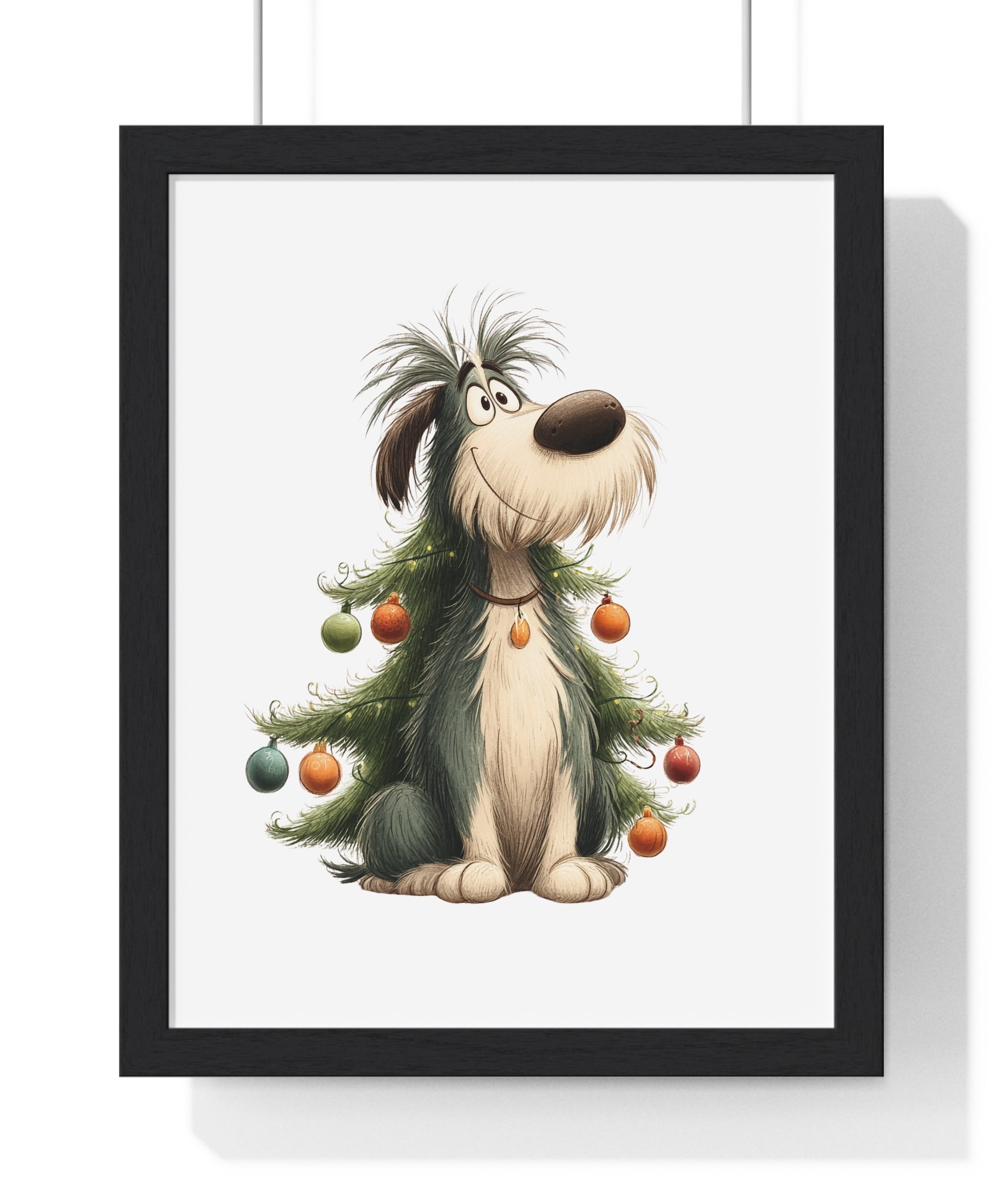 Festive Dog as Christmas Tree – Framed Wooden Wall Art