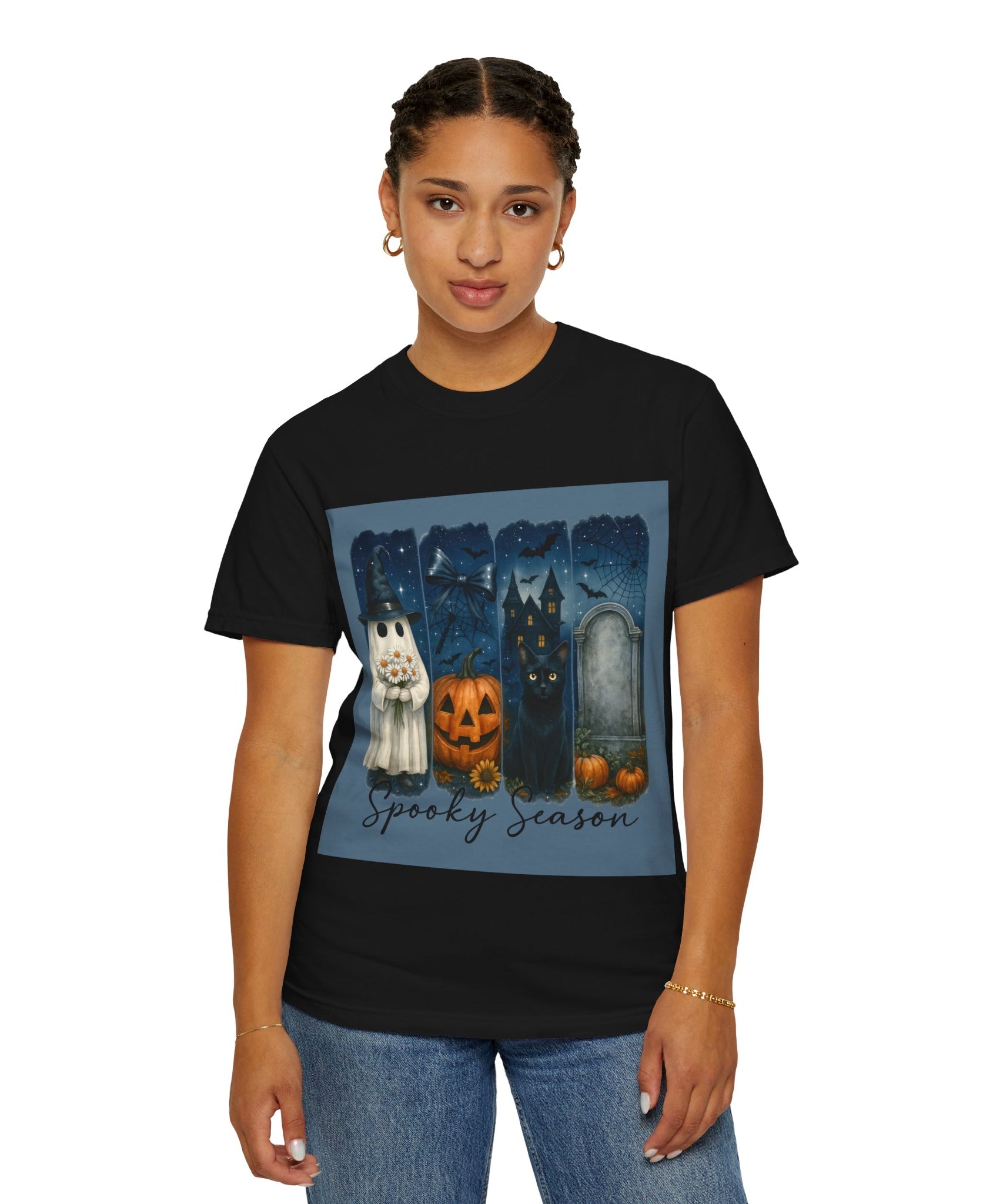Spooky Season Halloween T-Shirt – Ghost, Black Cat, Pumpkin & Haunted House Design - Gallory Hive