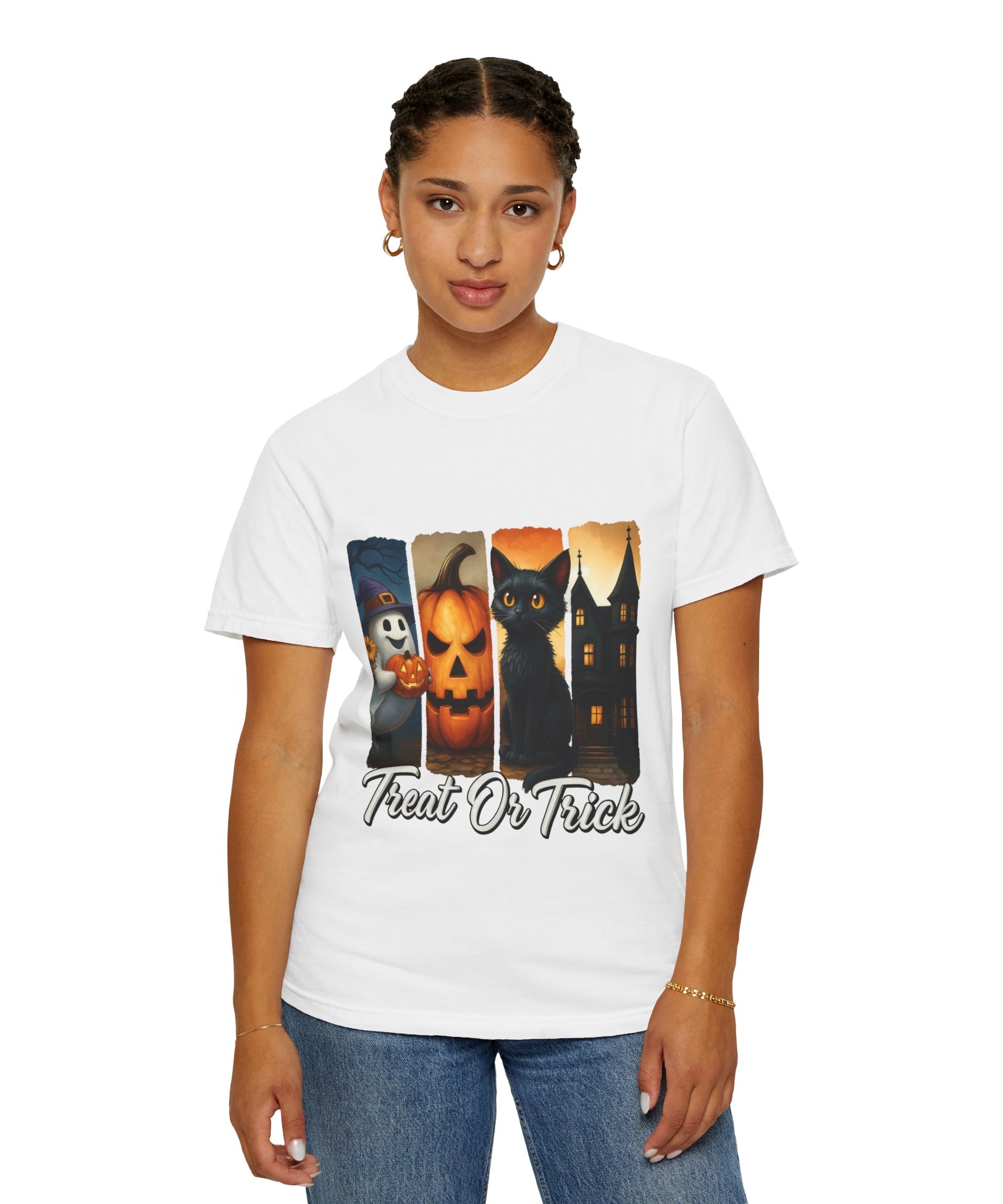 Treat Or Trick Halloween T-Shirt – Cute Ghost, Pumpkin, Black Cat & Haunted House Design - Gallory Hive