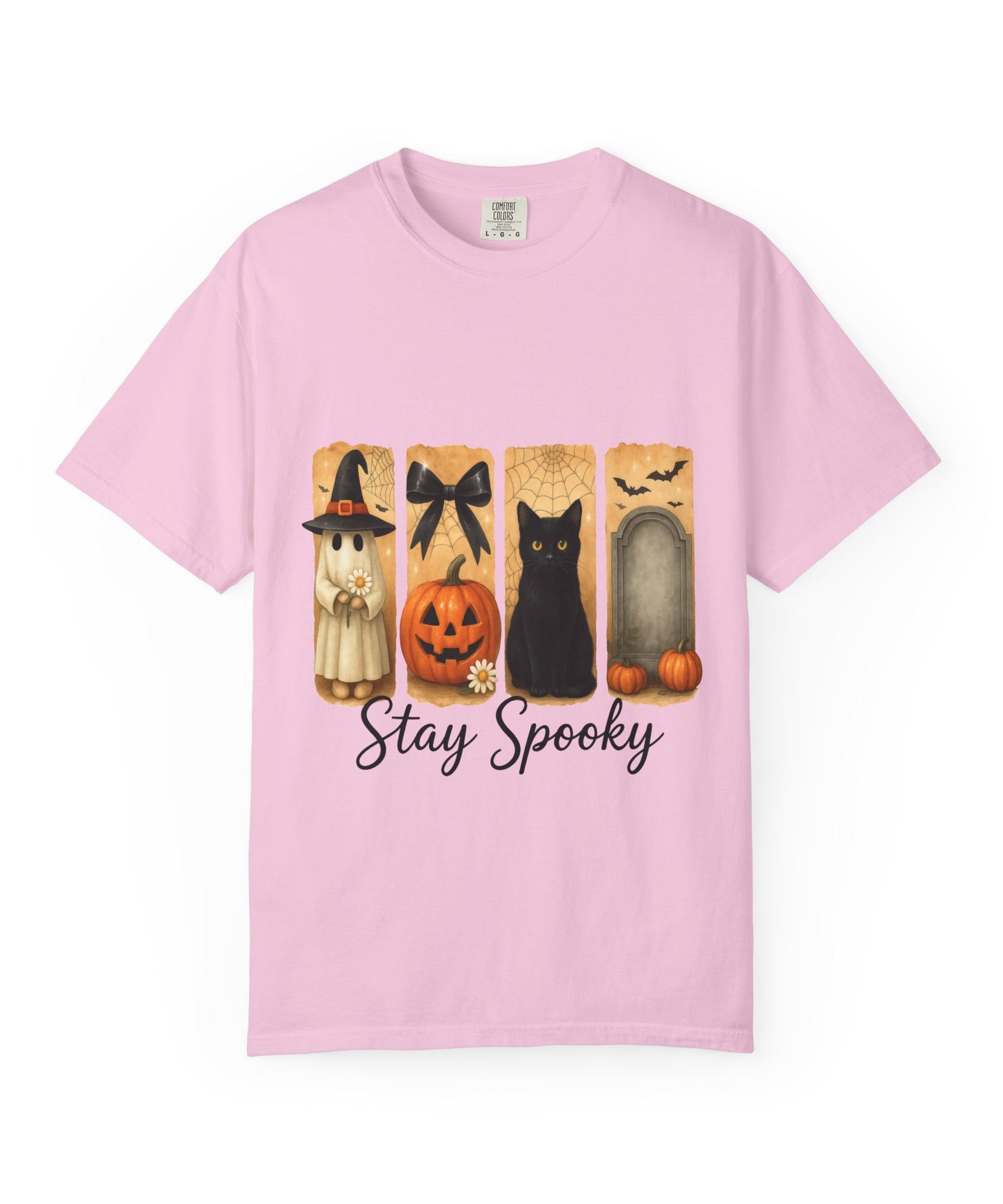 Cute Halloween T-Shirt – Ghost in Witch Hat, Pumpkin, Black Cat & Tombstone Design - Gallory Hive