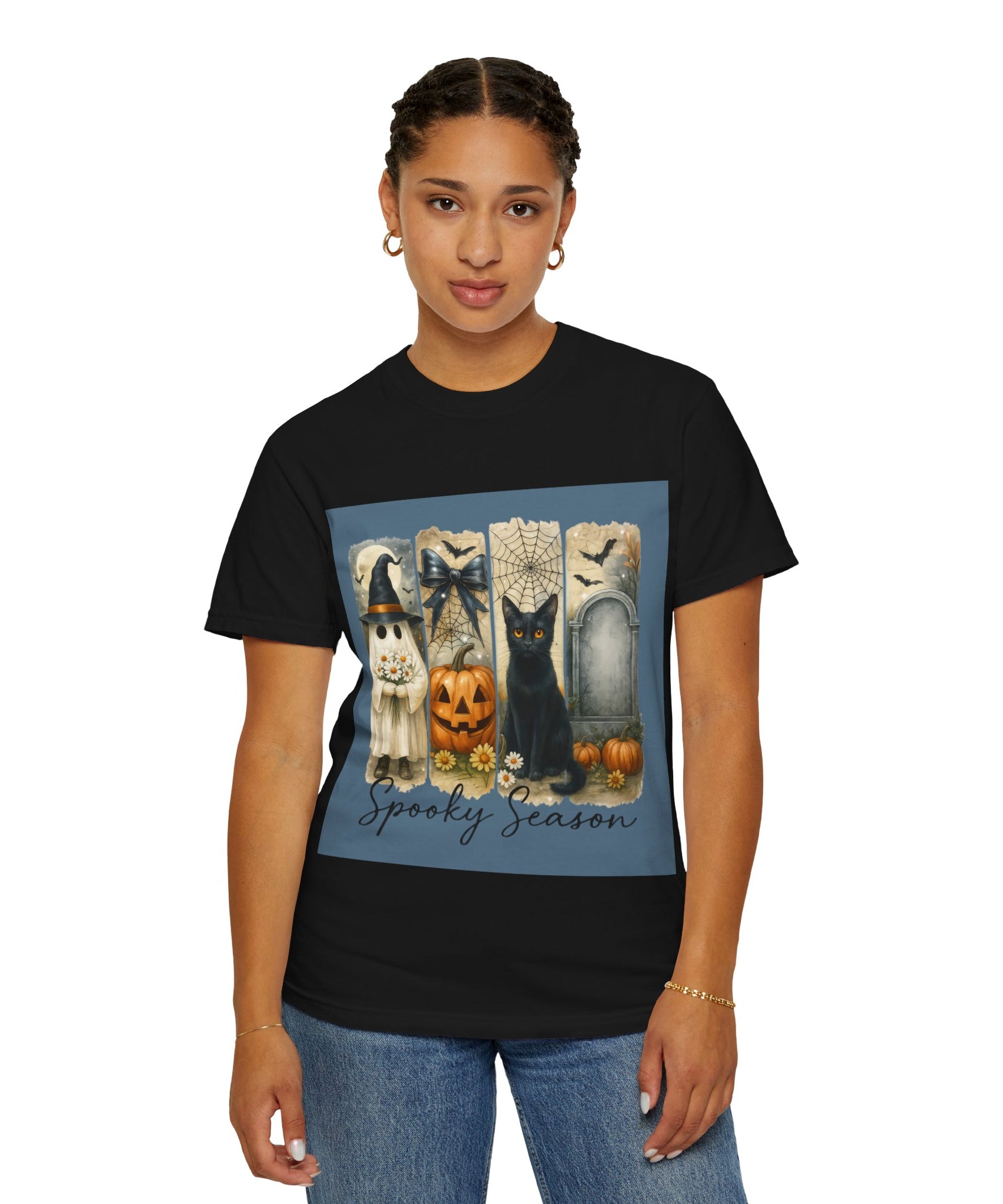 Spooky Season Halloween Unisex T-Shirt – Ghost, Black Cat & Pumpkin Design - Gallory Hive