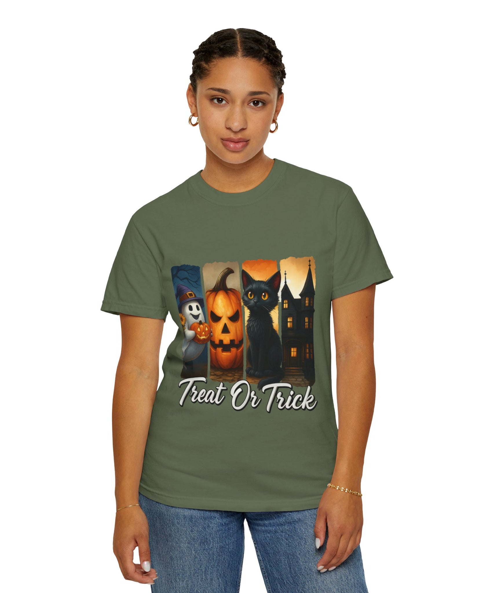 Treat Or Trick Halloween T-Shirt – Cute Ghost, Pumpkin, Black Cat & Haunted House Design - Gallory Hive