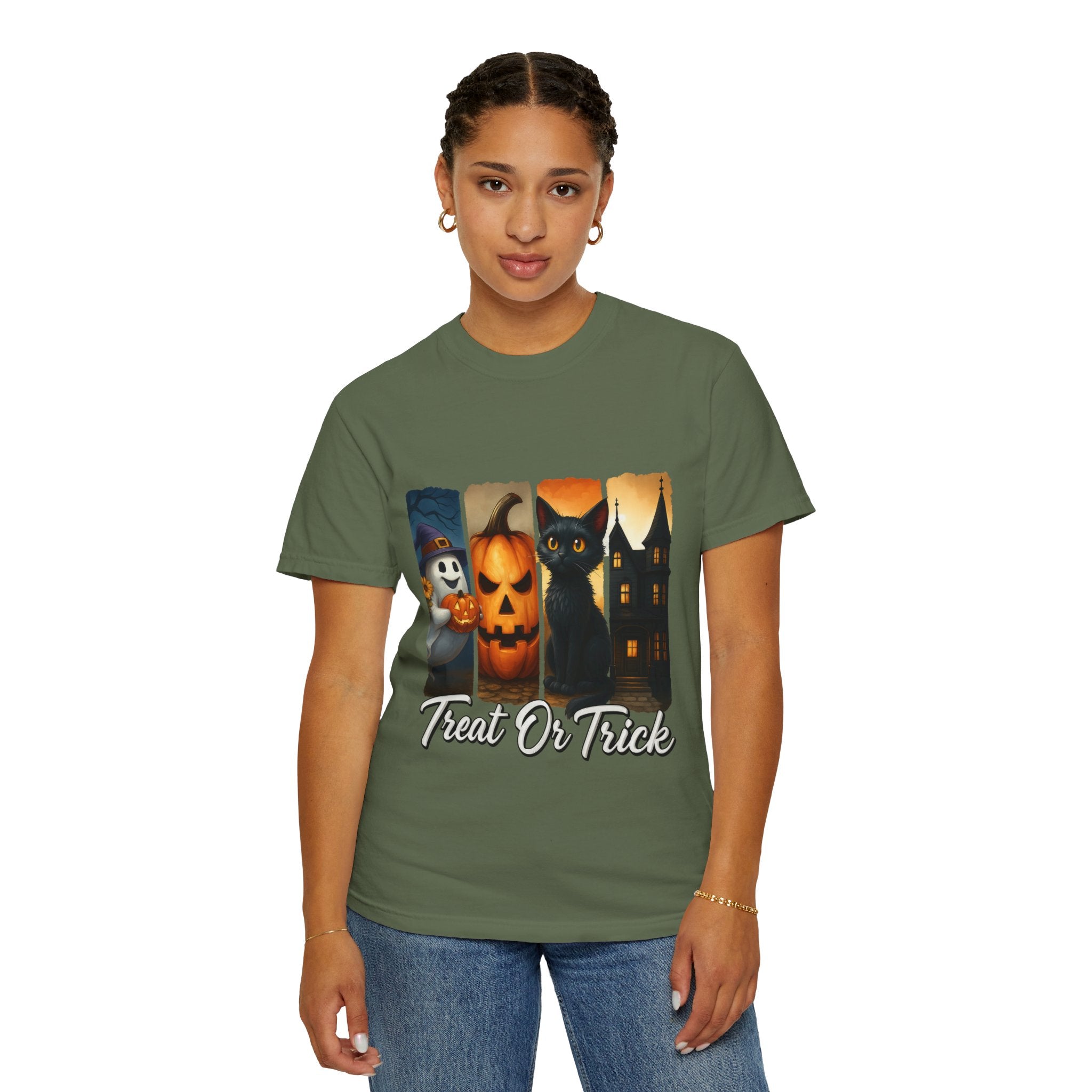 Treat Or Trick Halloween T-Shirt – Cute Ghost, Pumpkin, Black Cat & Haunted House Design - Gallory Hive