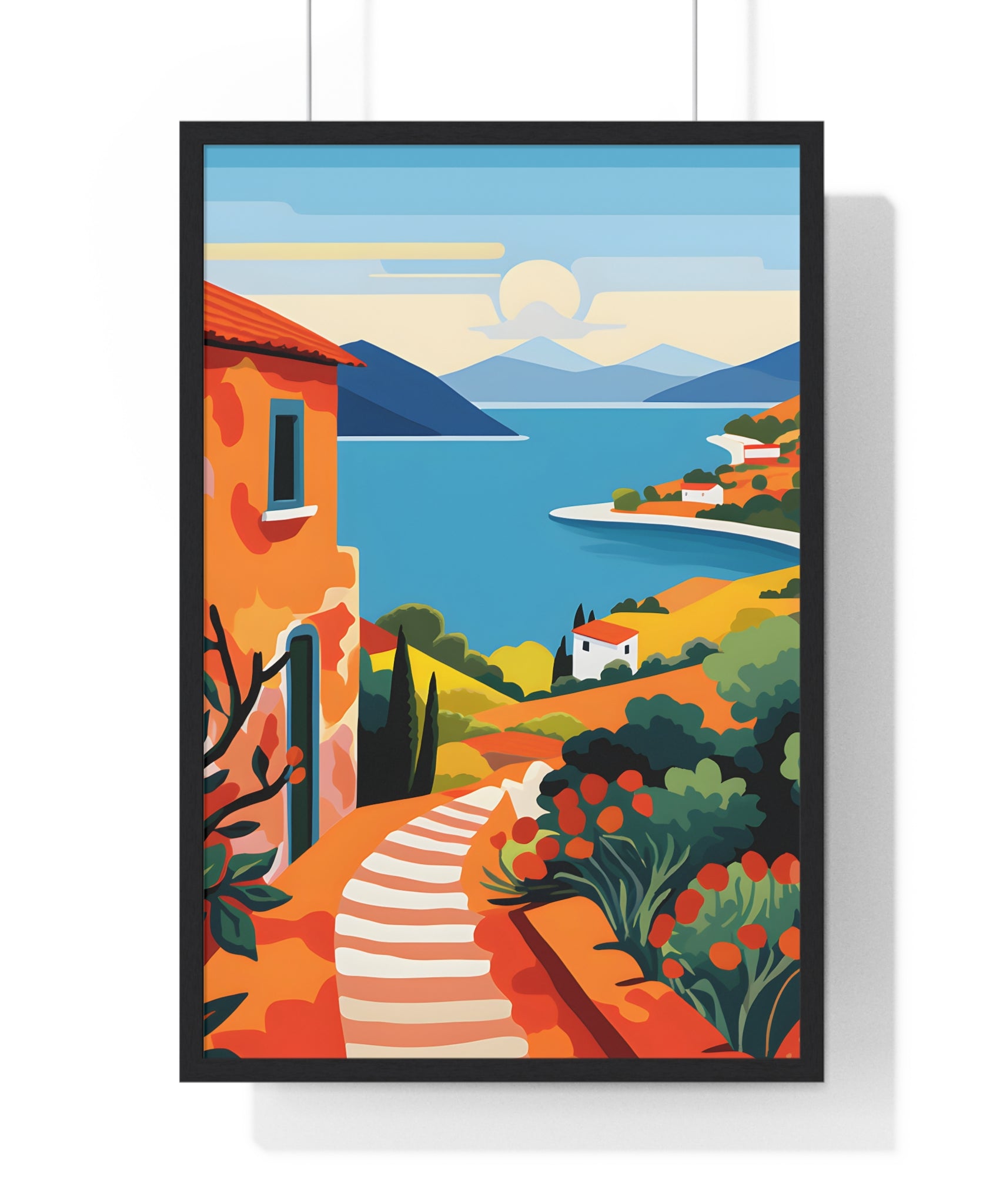 Mediterranean Landscape Art – Premium Wooden Framed Poster with Path & Sea View