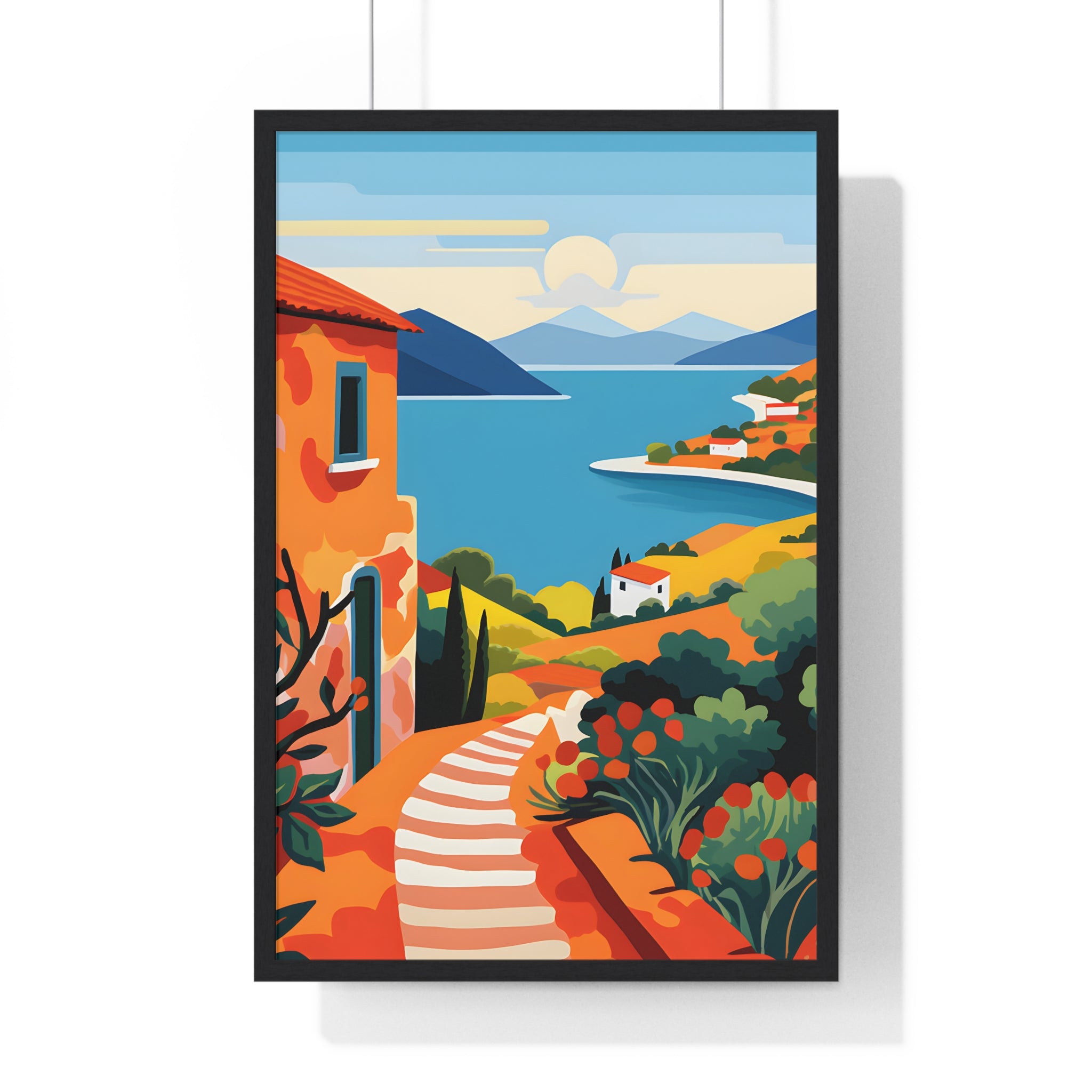 Mediterranean Landscape Art – Premium Wooden Framed Poster with Path & Sea View