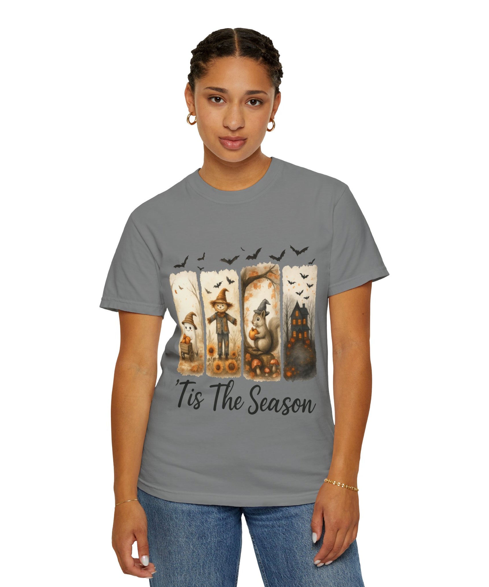 Tis The Season Fall Halloween T-Shirt – Cute Ghost, Scarecrow, Squirrel & Haunted House Design - Gallory Hive