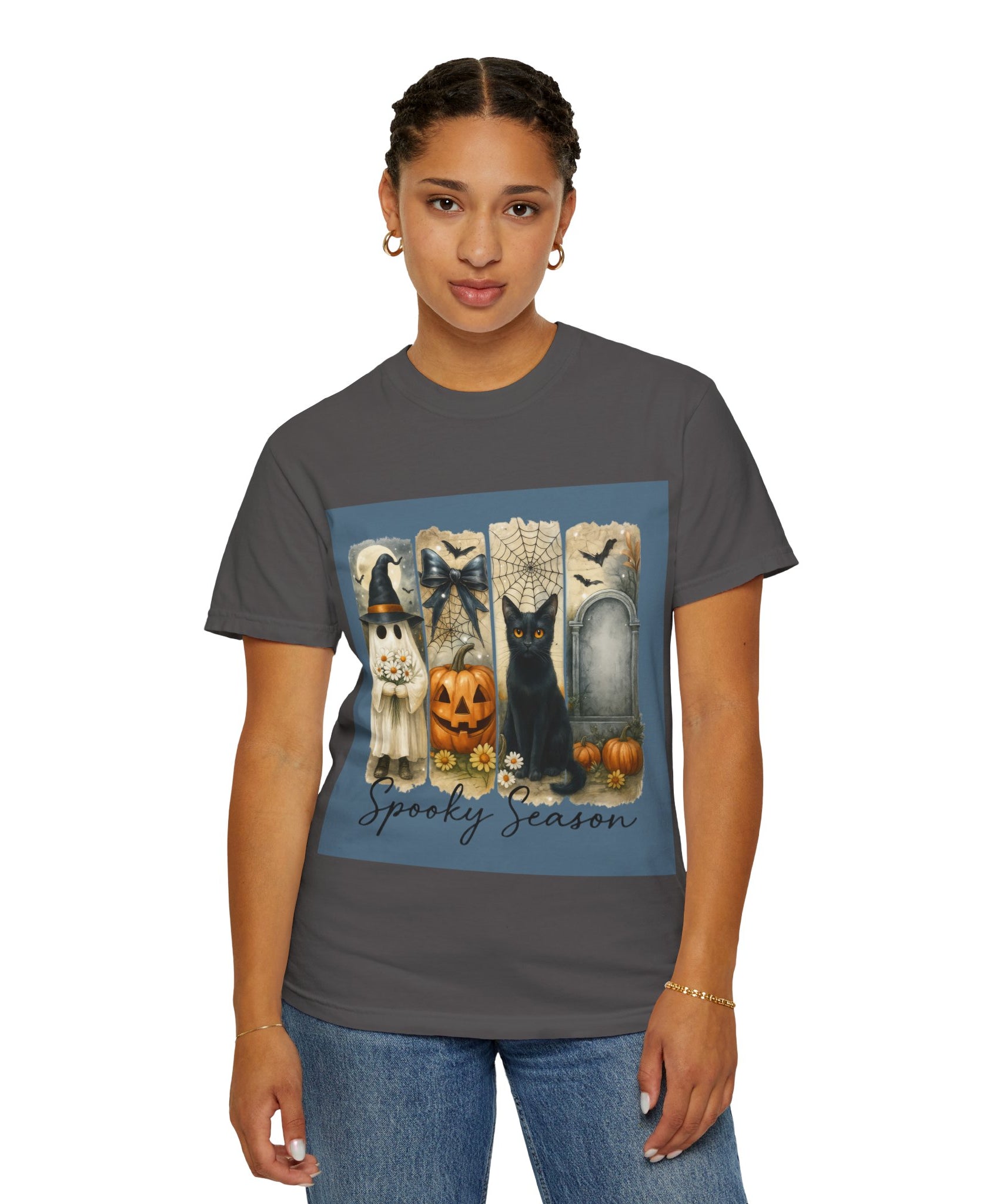 Spooky Season Halloween Unisex T-Shirt – Ghost, Black Cat & Pumpkin Design - Gallory Hive