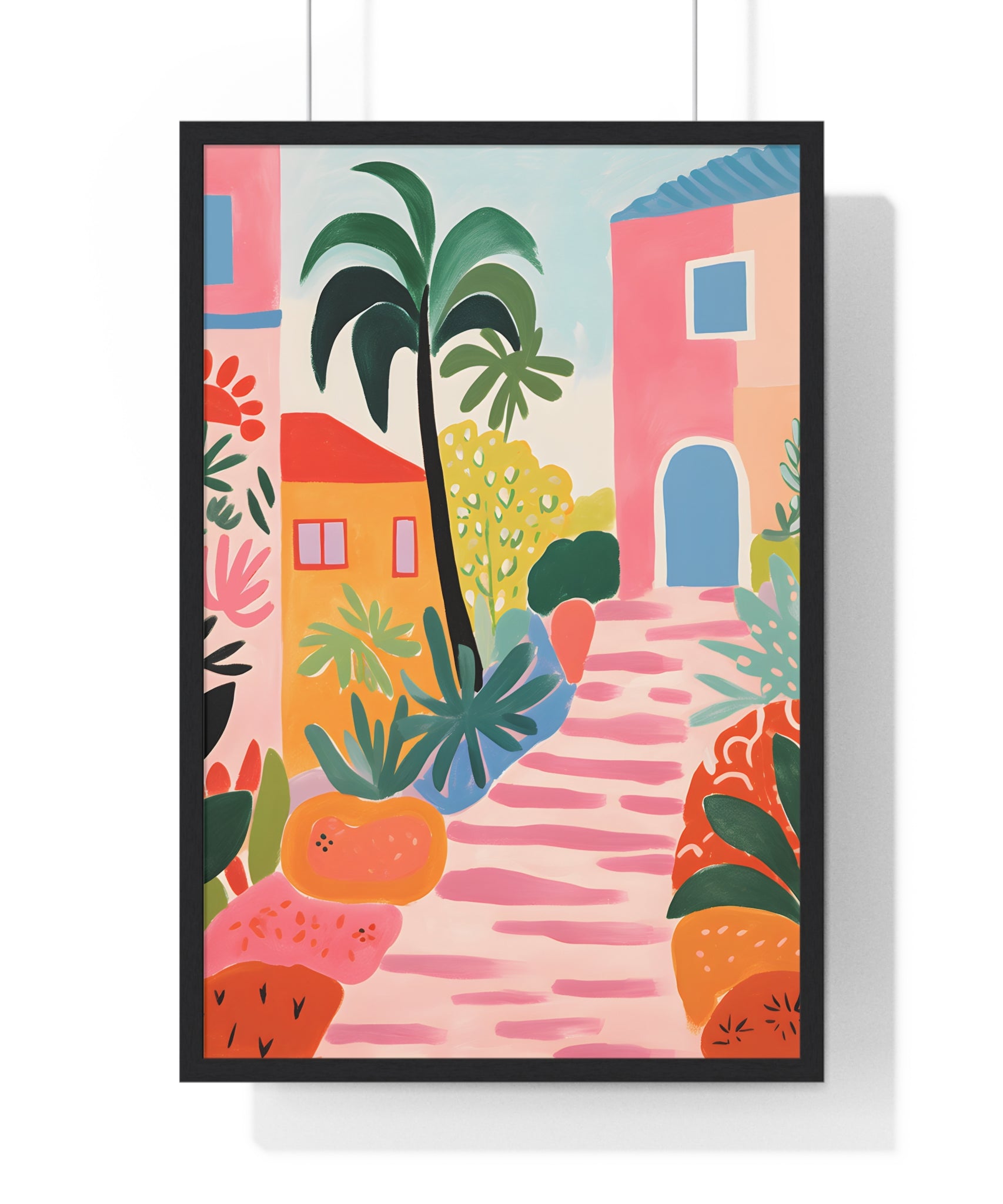 Tropical Village Art – Premium Wooden Framed Poster with Palm Tree & Colorful Homes