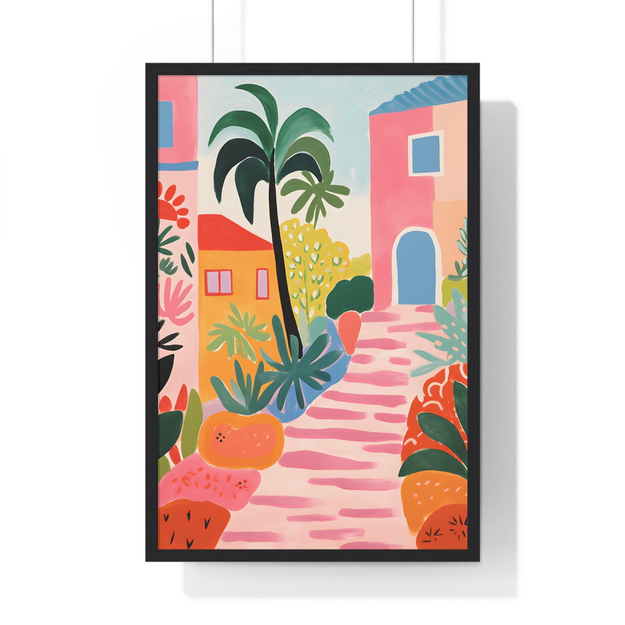 Tropical Village Art – Premium Wooden Framed Poster with Palm Tree & Colorful Homes