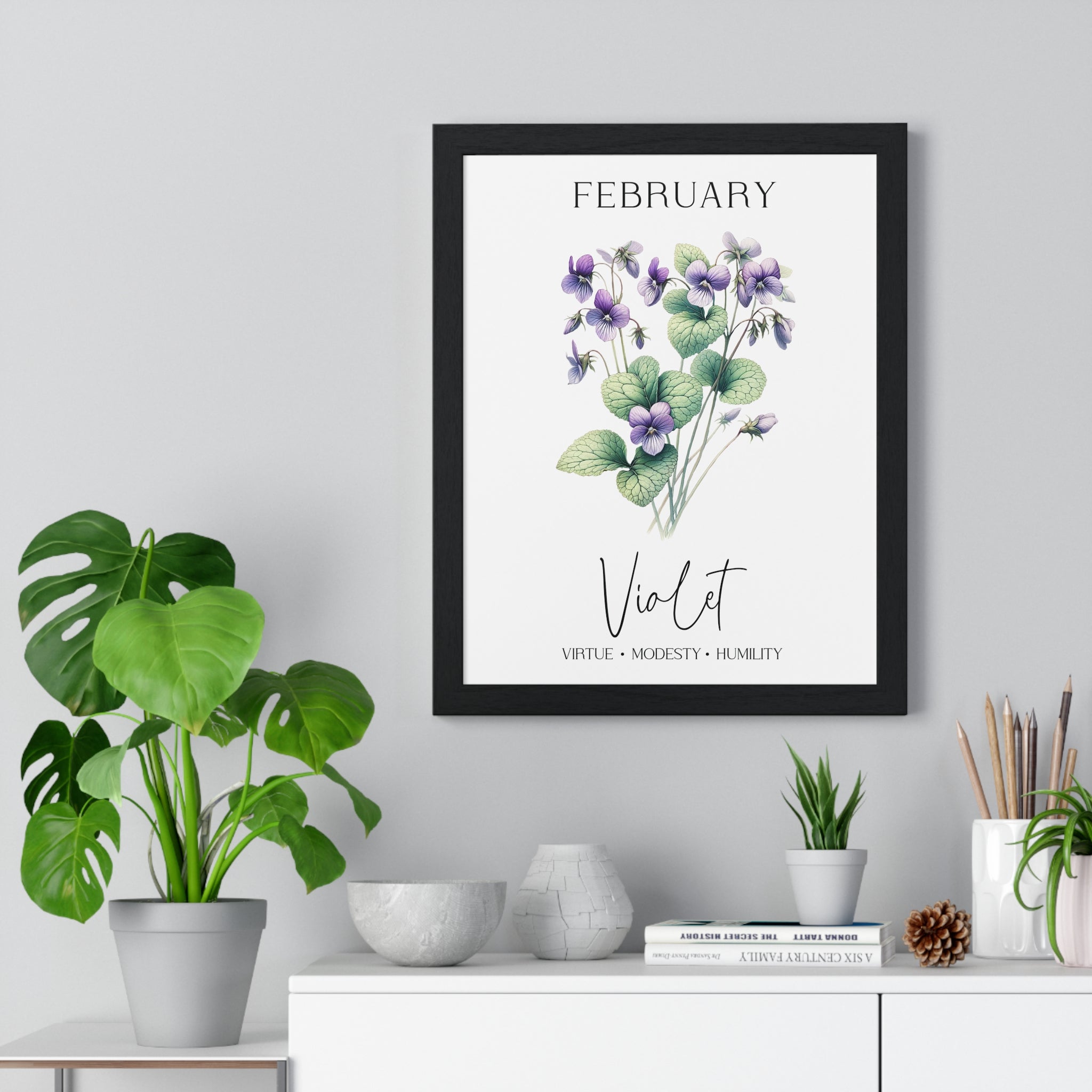 February Birth Flower – Violet Wooden Framed Wall Art (Virtue • Modesty • Humility)
