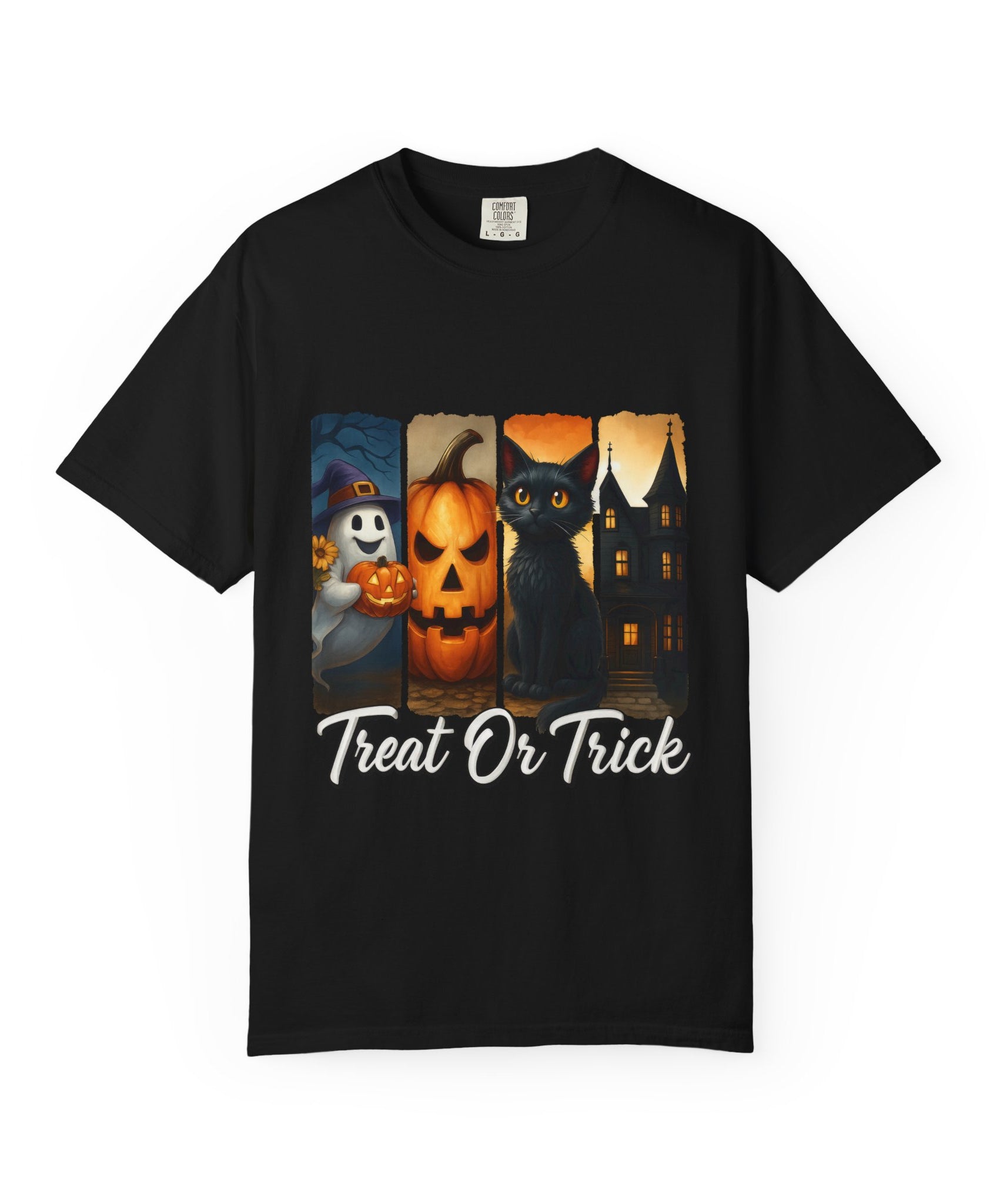 Treat Or Trick Halloween T-Shirt – Cute Ghost, Pumpkin, Black Cat & Haunted House Design - Gallory Hive
