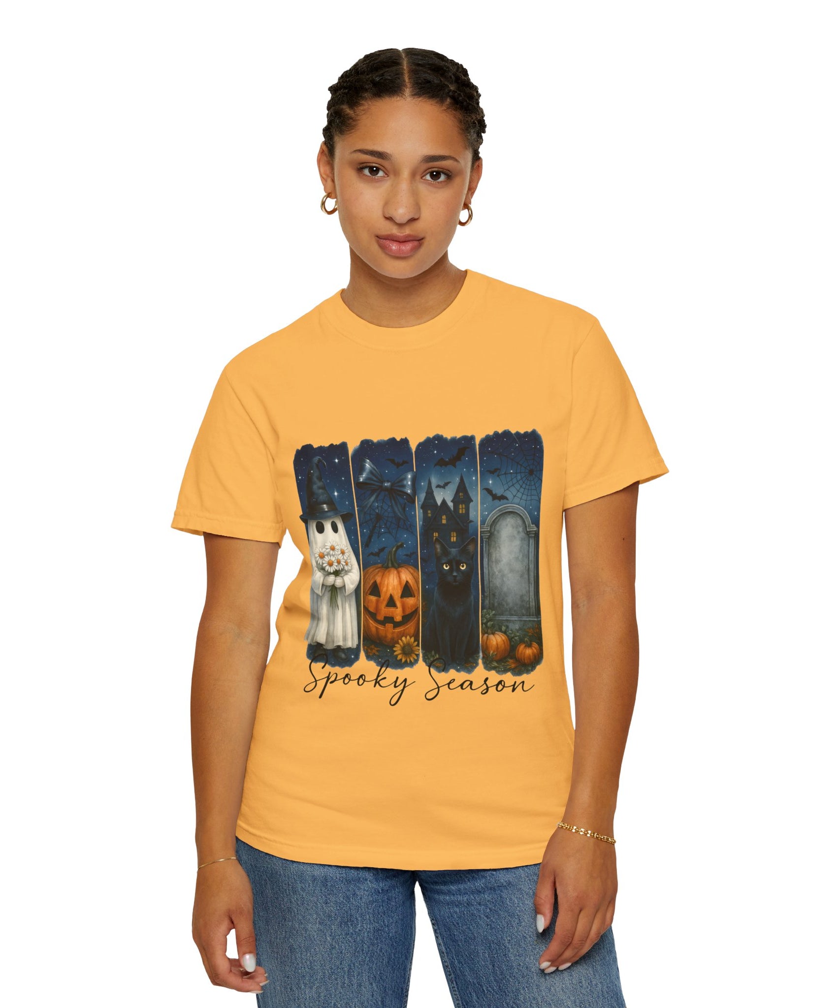 Spooky Season Halloween T-Shirt – Ghost, Black Cat, Pumpkin & Haunted House Design - Gallory Hive