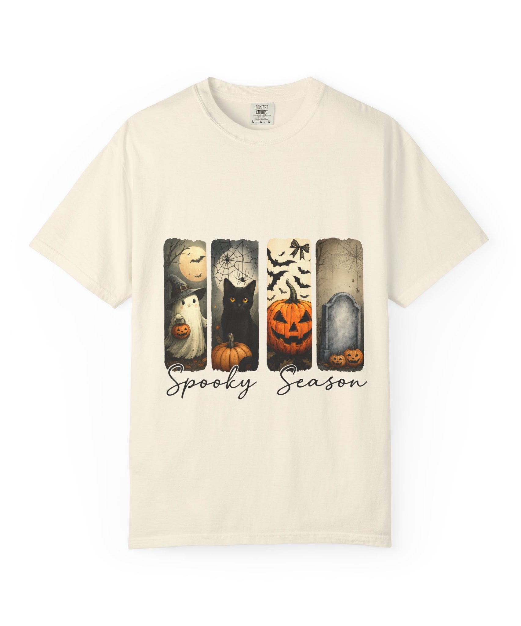 Halloween Night Unisex T-Shirt – Ghost, Black Cat, Pumpkin & Tombstone Vintage Art - Gallory Hive