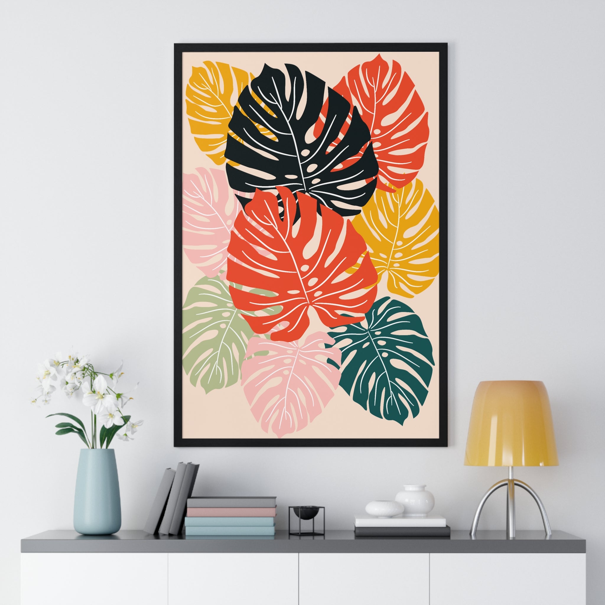Vibrant Monstera Leaf Abstract Art in Premium Wooden Frame