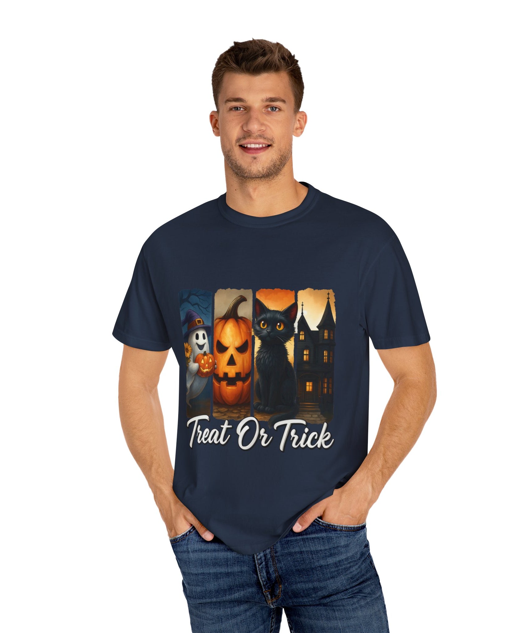 Treat Or Trick Halloween T-Shirt – Cute Ghost, Pumpkin, Black Cat & Haunted House Design - Gallory Hive