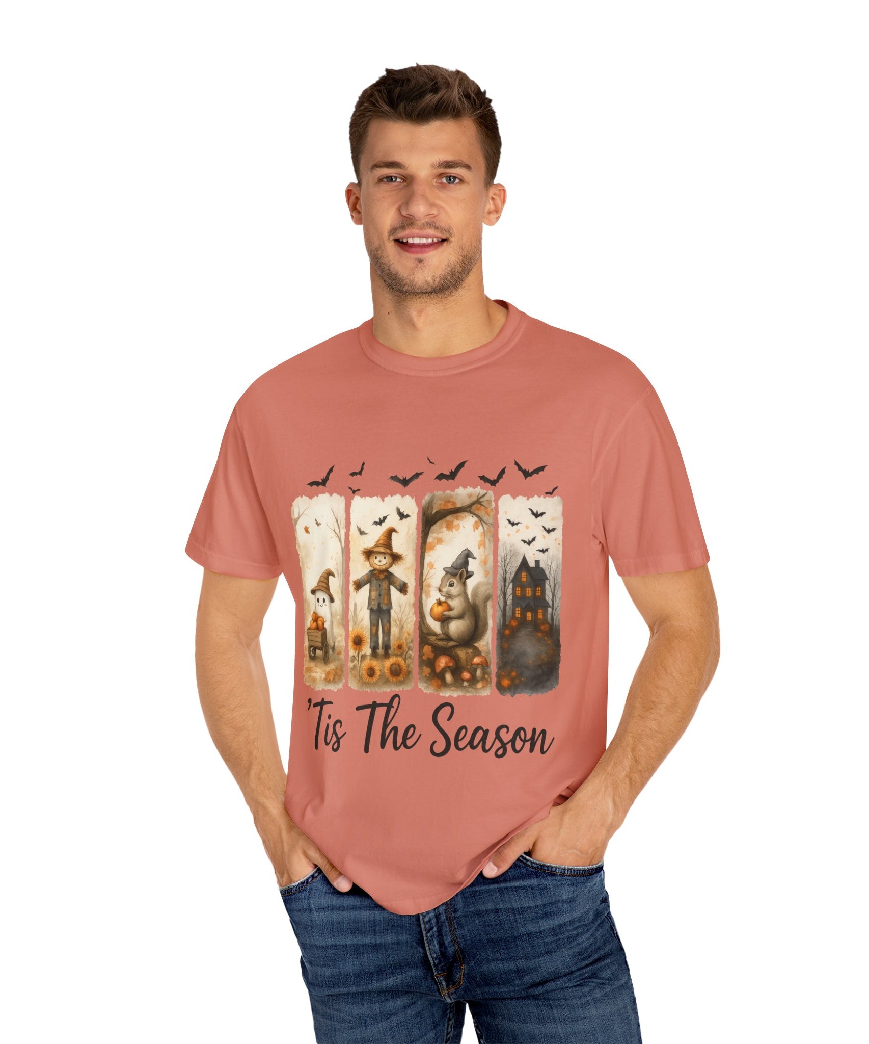 Tis The Season Fall Halloween T-Shirt – Cute Ghost, Scarecrow, Squirrel & Haunted House Design - Gallory Hive
