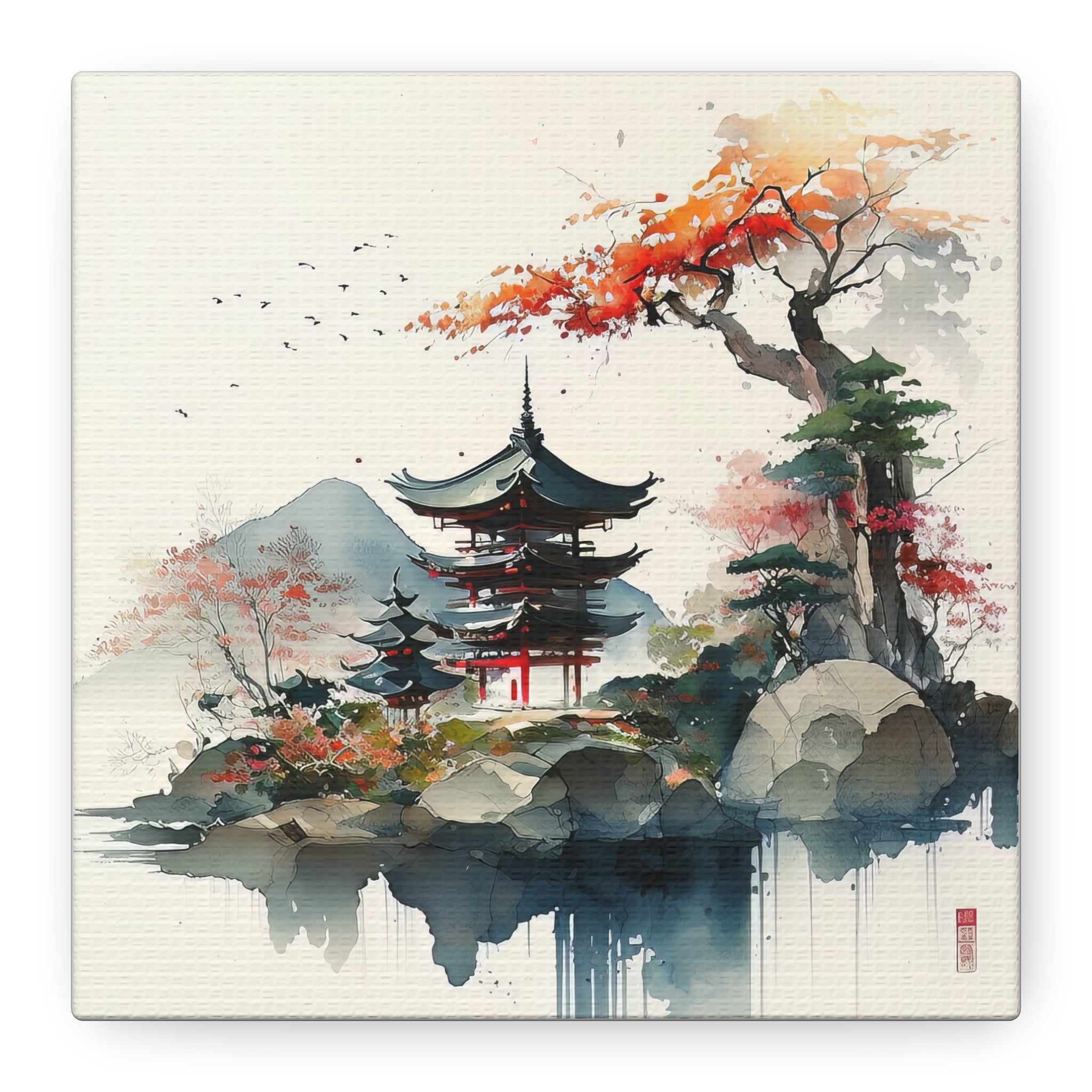 Watercolor Japanese Pagoda Landscape Wall Art Print, Floral Canvas Print, Gift for Nature Lovers, Asian-Inspired Home Decor