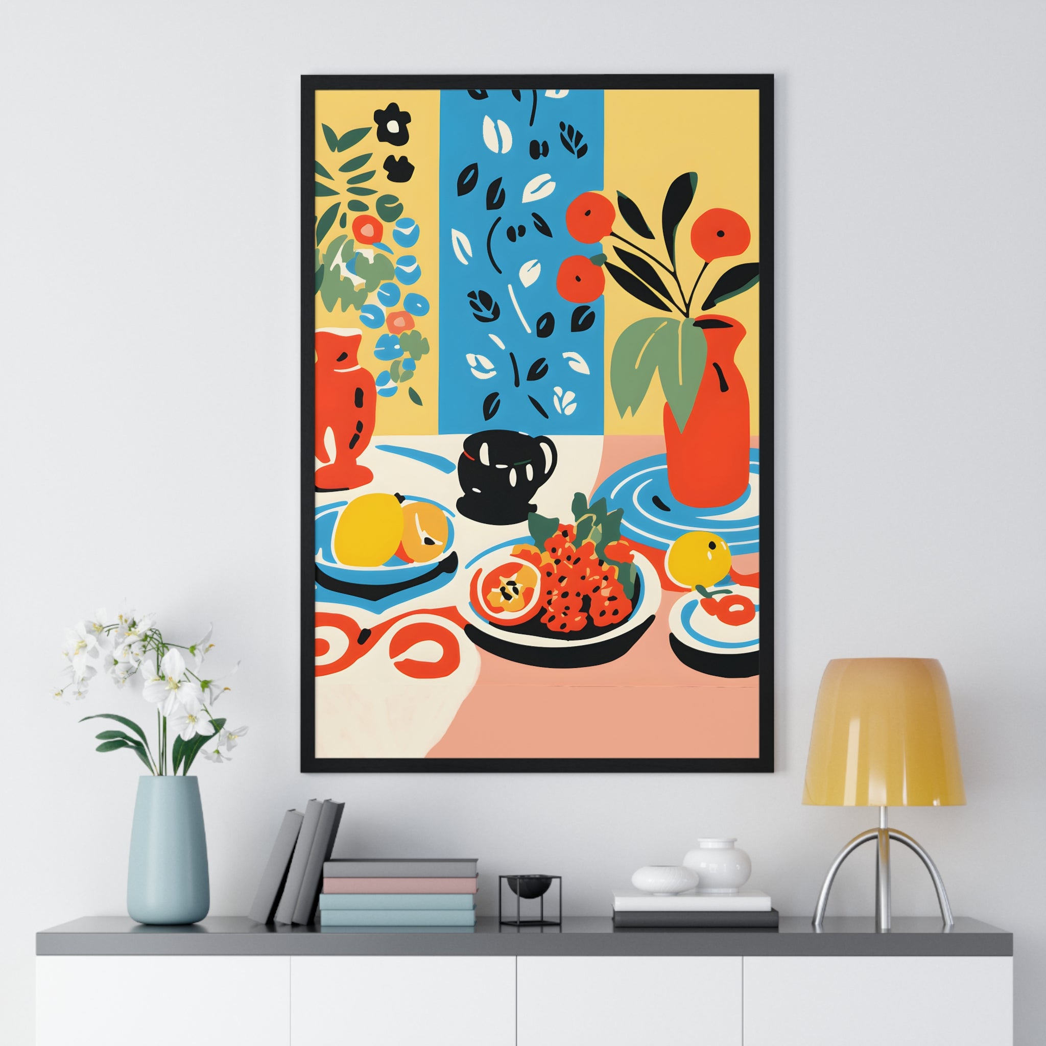 Modern Table Setting Art – Premium Wooden Framed Poster with Fruits & Floral Vases