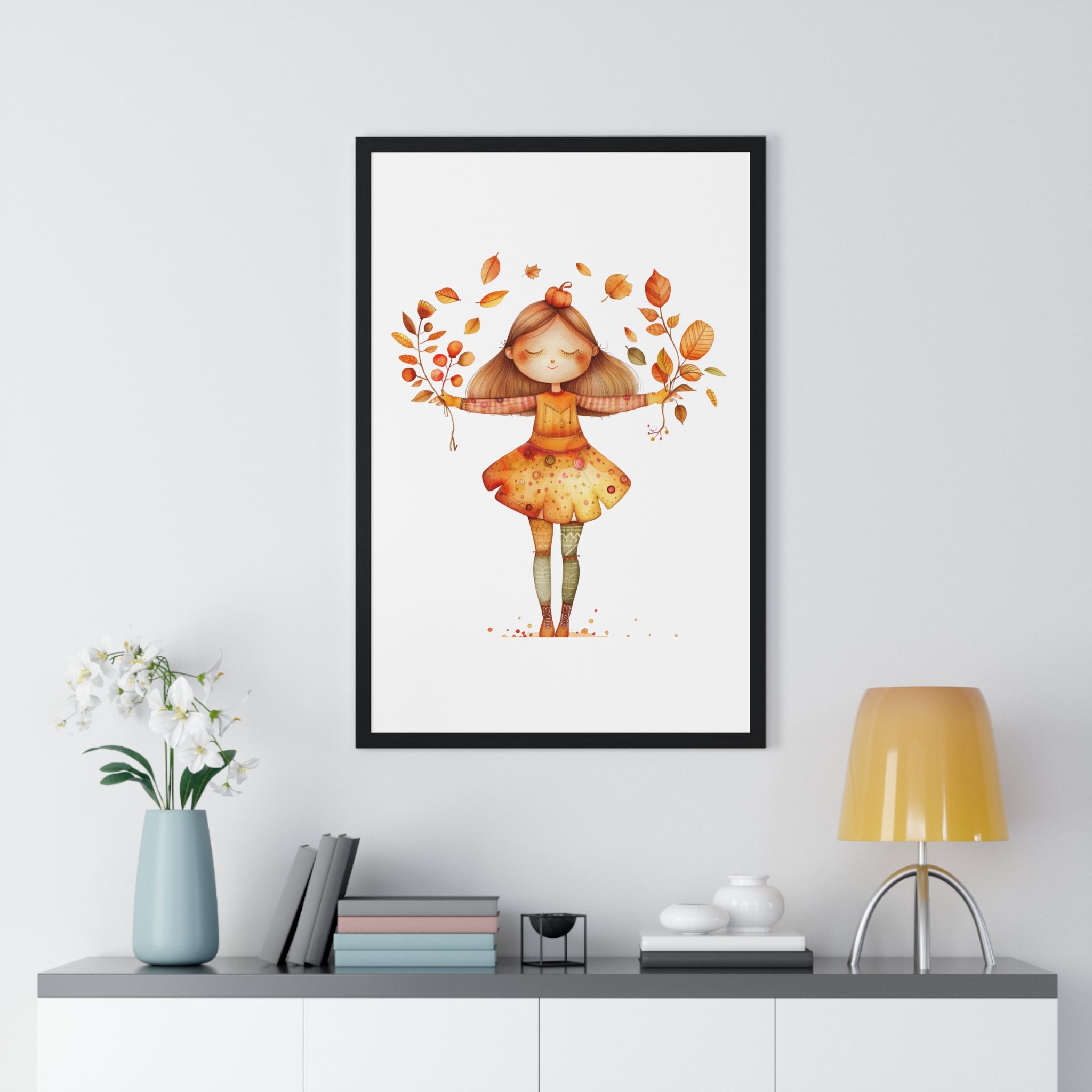 Joyful Autumn Girl with Leaves Wooden Framed Wall Art