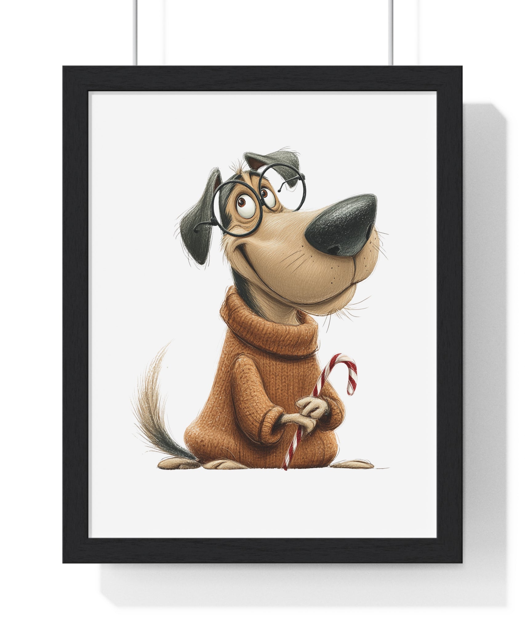 Whimsical Dog in Sweater with Candy Cane - Framed Wall Art