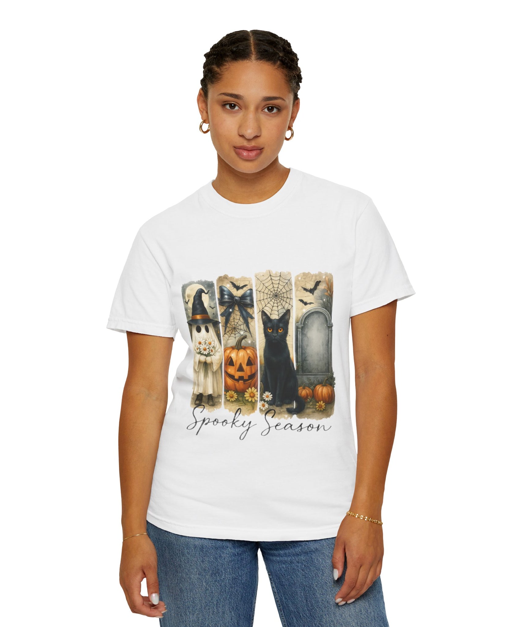 Spooky Season Halloween Unisex T-Shirt – Ghost, Black Cat & Pumpkin Design - Gallory Hive