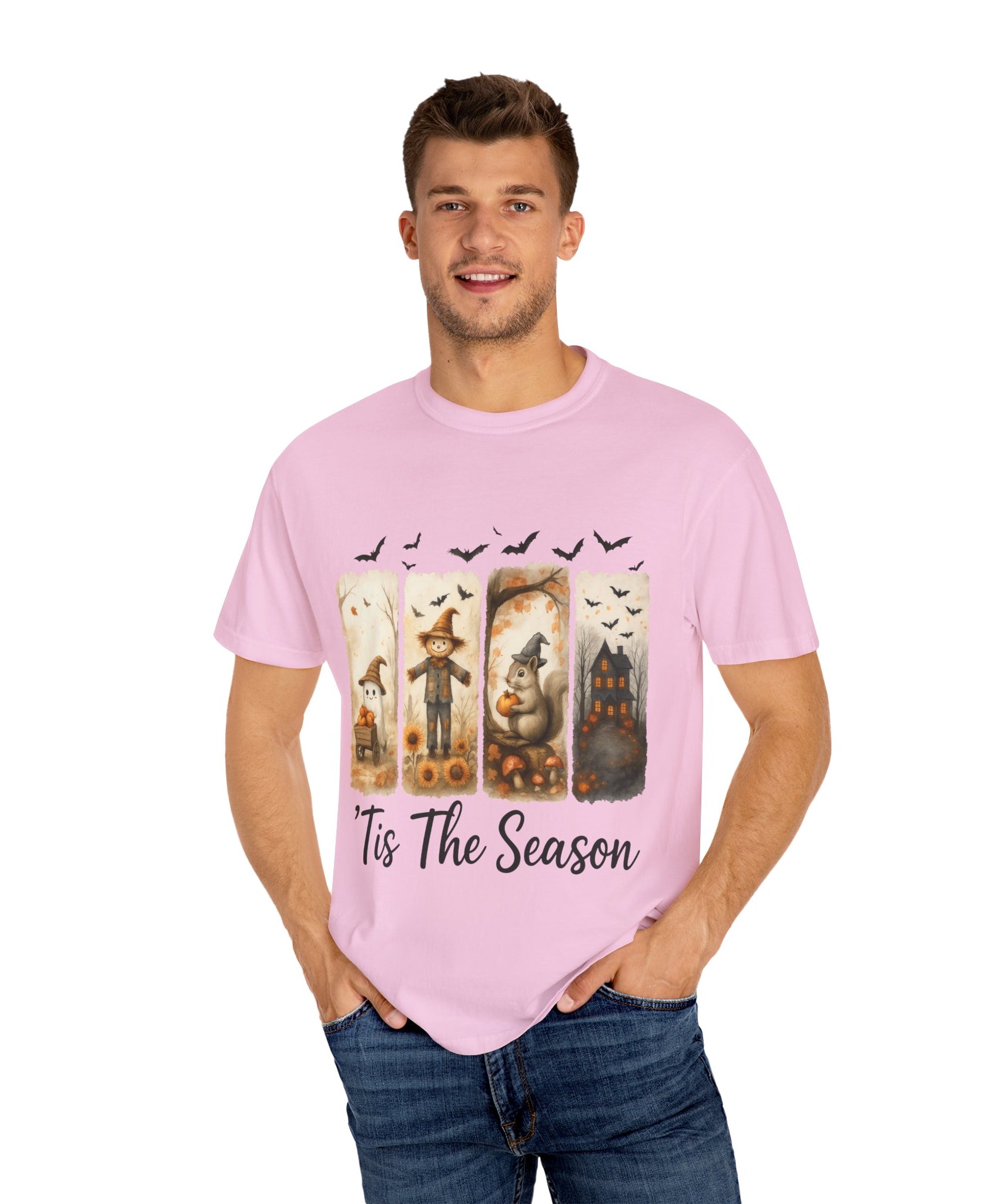 Tis The Season Fall Halloween T-Shirt – Cute Ghost, Scarecrow, Squirrel & Haunted House Design - Gallory Hive