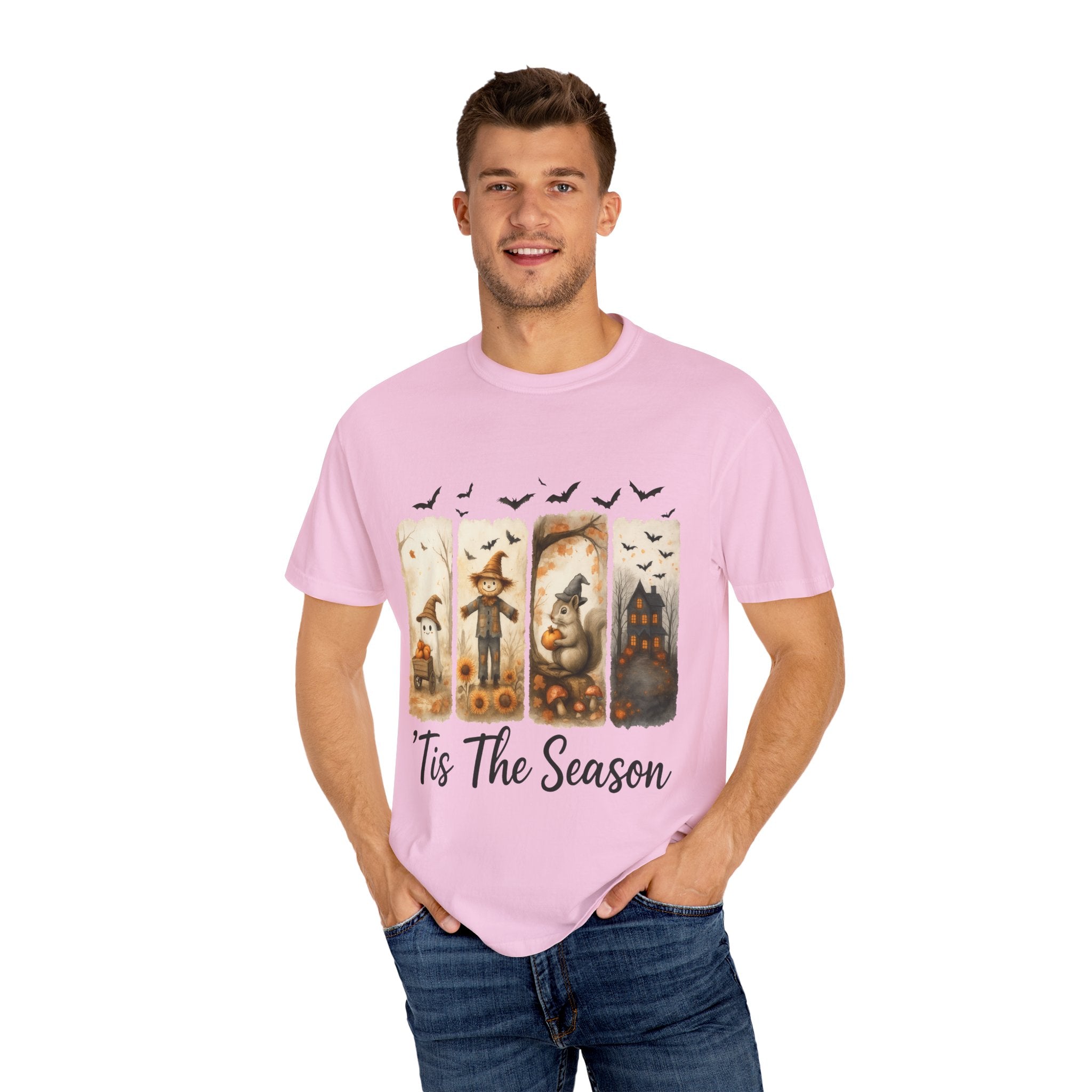 Tis The Season Fall Halloween T-Shirt – Cute Ghost, Scarecrow, Squirrel & Haunted House Design - Gallory Hive